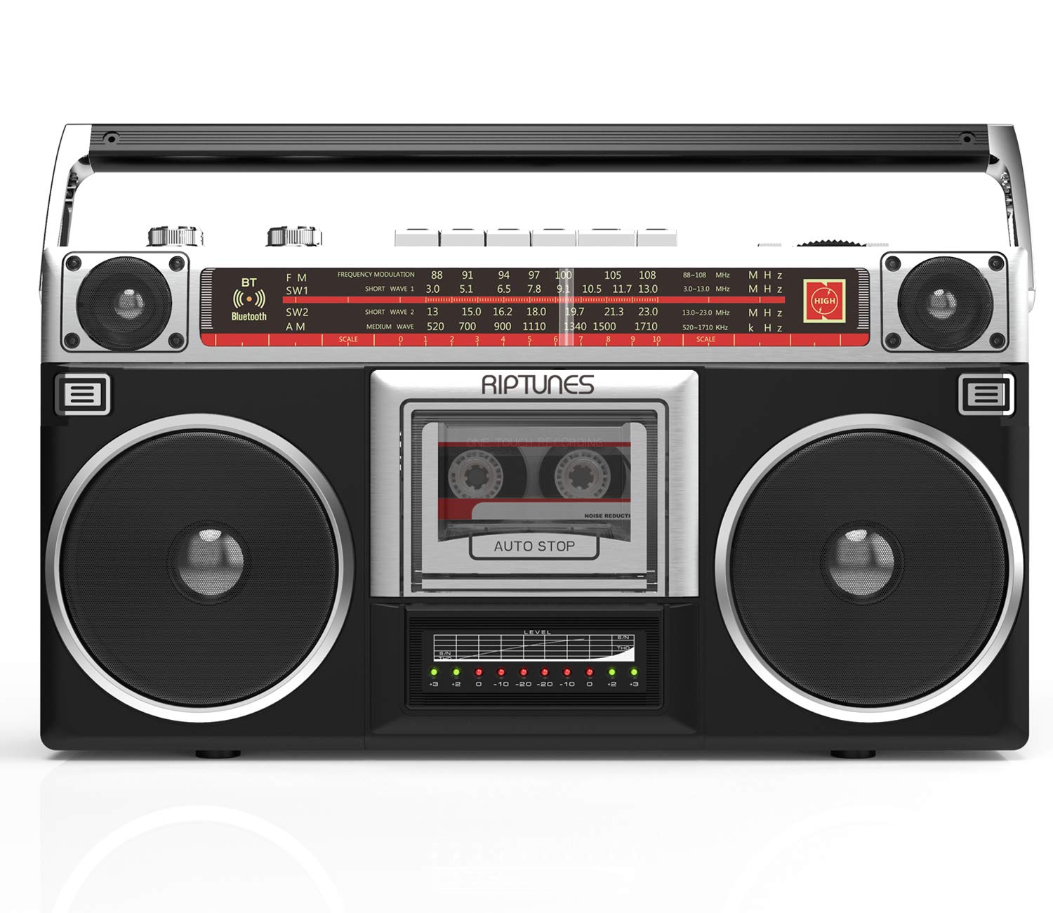 Riptunes Boombox Radio Cassette Player Recorder - AM/FM/SW1/SW2 Wireless Stereo with Bluetooth, USB/Micro SD/AUX Input, Headphone Jack - 80s Retro Style Black for Home, Office, Parties & Outdoor Activities