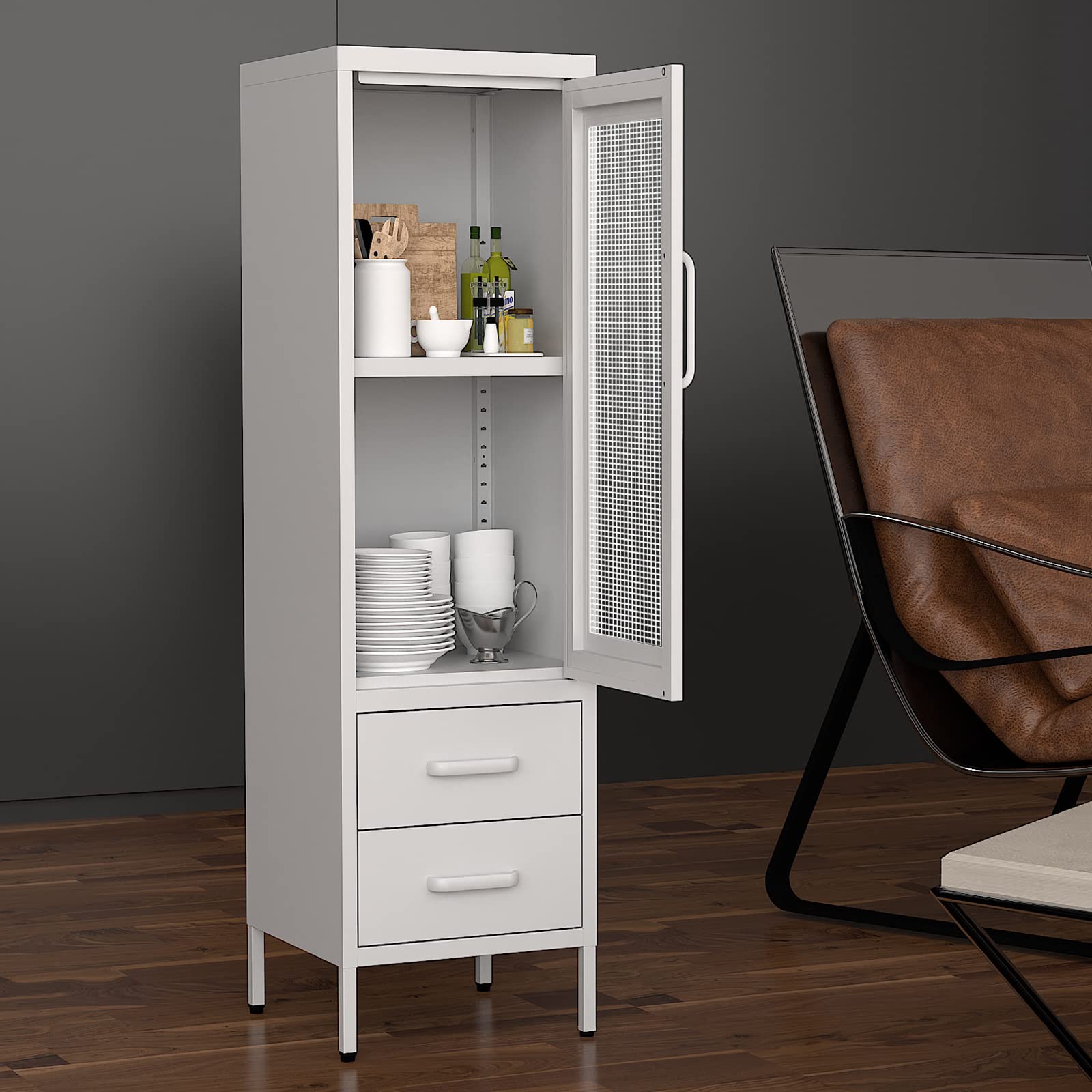 White Metal Mesh Door Cabinet - Stylish Storage for Living Room & Dining Room - Perfect for Organizing Dishes, Linens & Home Decor