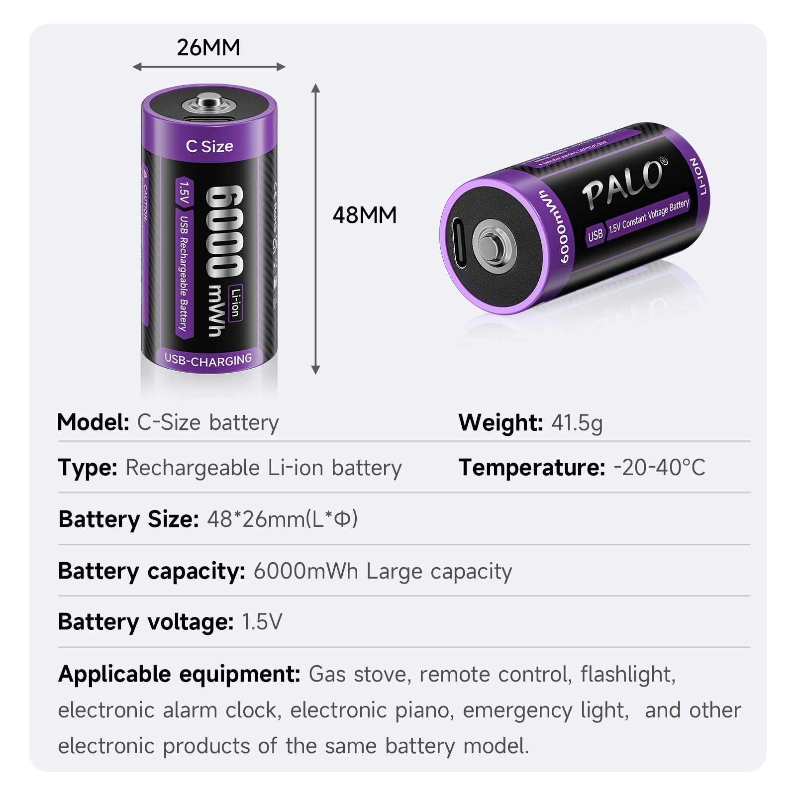 4-Pack 1.5V Lithium C Rechargeable Batteries - 6000mWh Li-ion C Cell Batteries with 2-in-1 USB-C Charging Cable | Long-Lasting Power for Flashlights, Toys, Clocks & Office Electronics | Household & Commercial Use