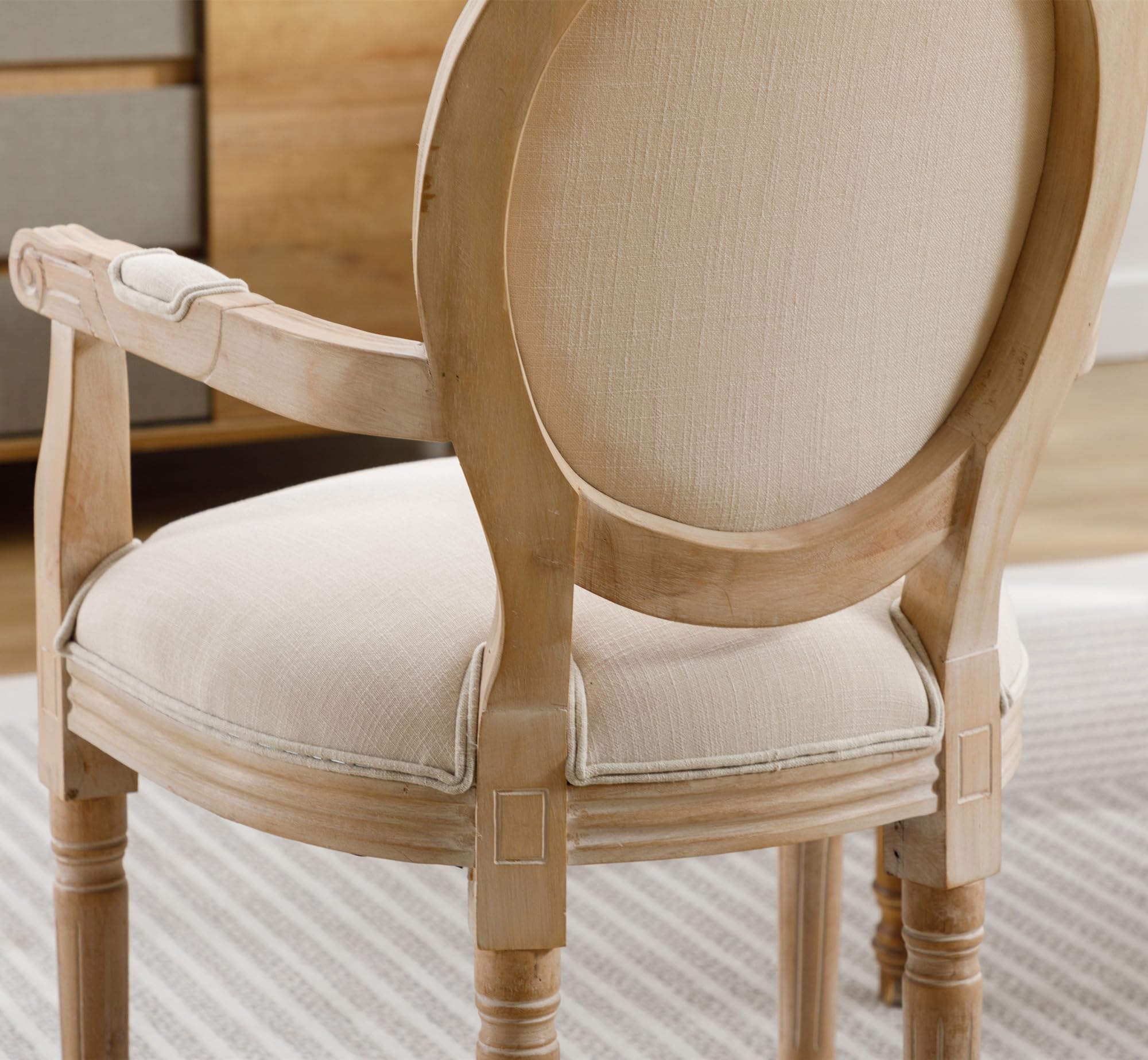 SSLine Set of 2 French Dining Chairs with Armrests - Solid Wood Farmhouse Kitchen Chairs, Retro Round Back Upholstered in Linen - Perfect for Dining Room, Living Room & Bedroom Decor