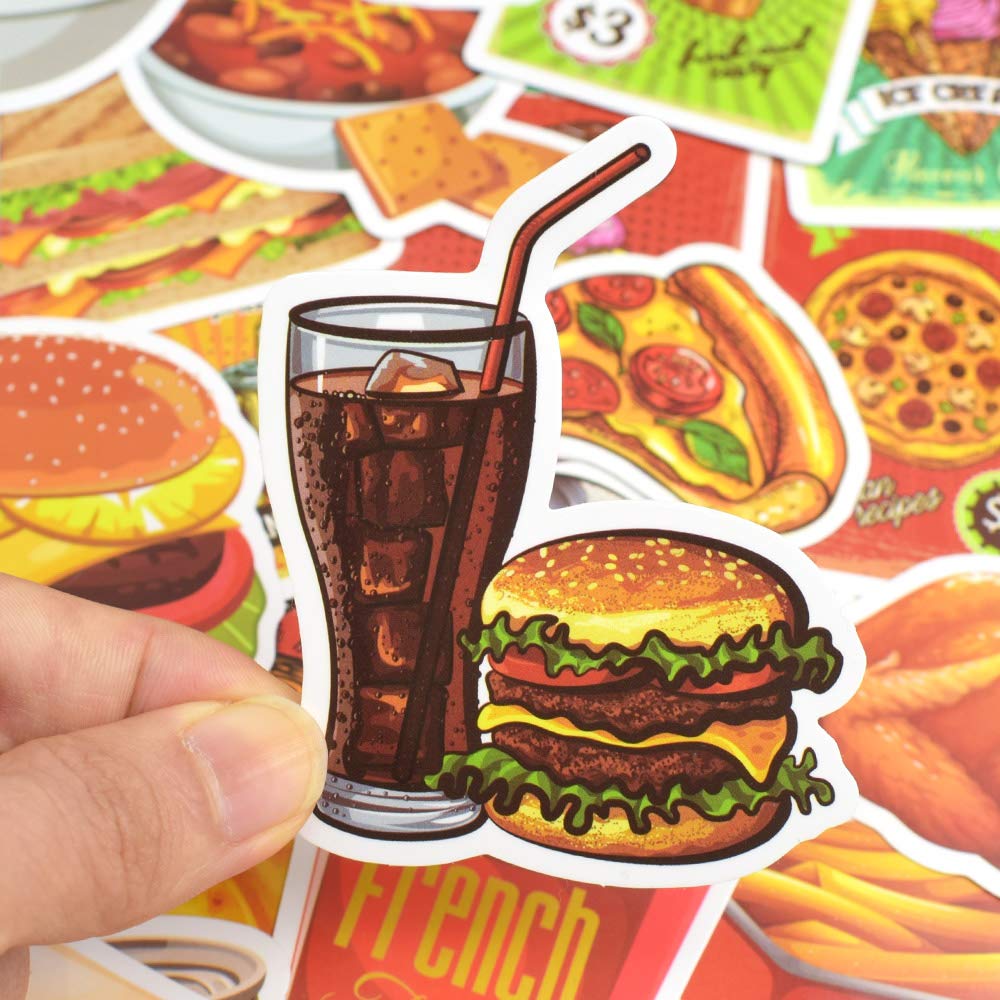 50Pcs Waterproof Vinyl Food Stickers for Water Bottles & Laptops - Cute Fast Food Themed Decals for Kids - Perfect for School Supplies, DIY Crafts & Personalizing Drinkware