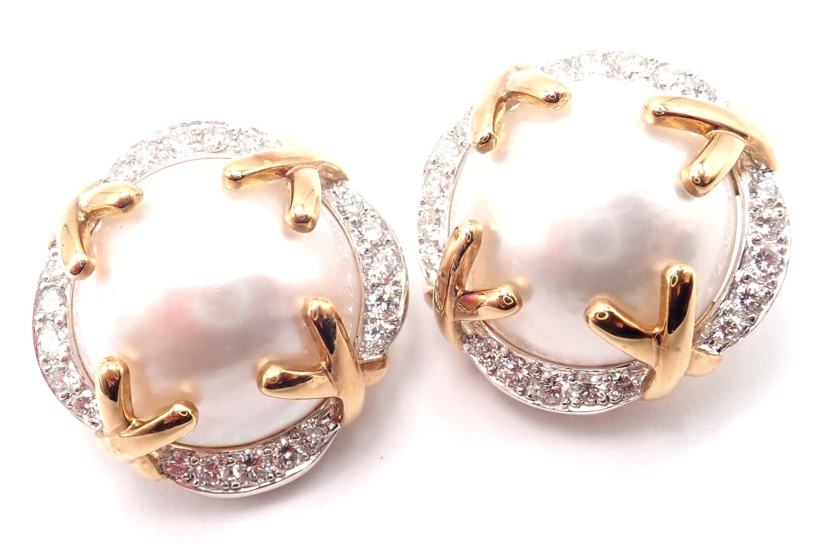 Authentic Vintage Verdura 18k Yellow Gold Mabe Pearl Diamond Large Earrings - Luxury Statement Jewelry for Weddings & Special Occasions