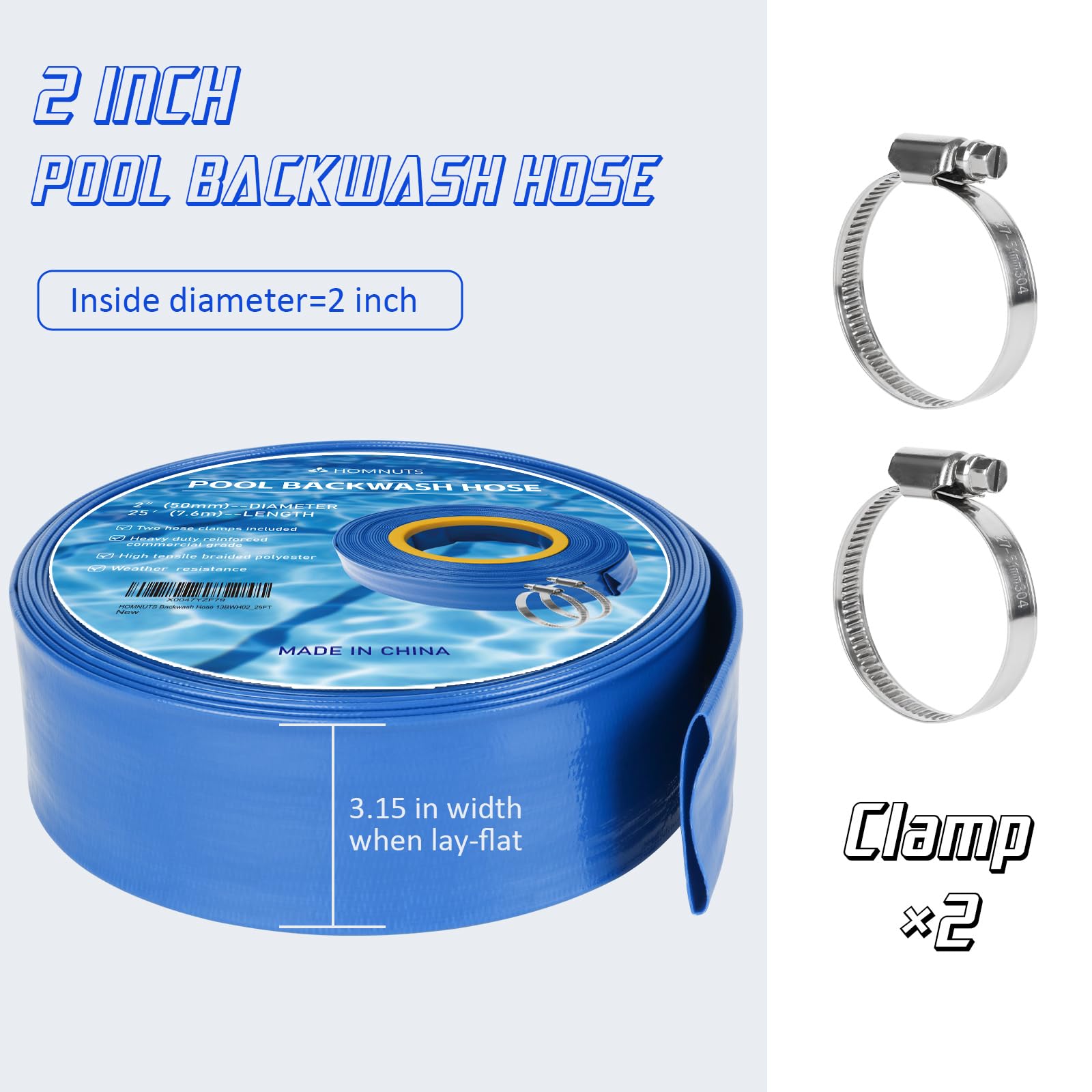 2 Inch x 25 Feet Blue Pool Backwash Hose with Stainless Steel Clamps - Durable Swimming Pool Cleaning Pipe for Water Transfer, Garden Irrigation & Maintenance