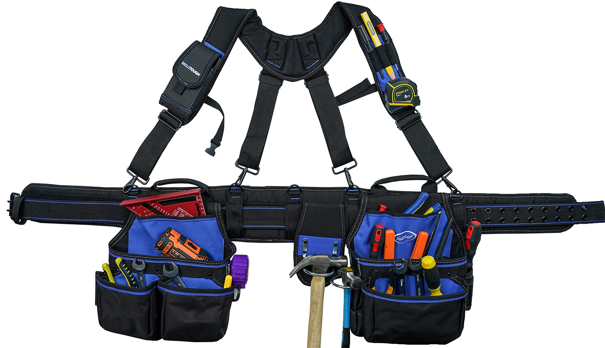 MELOTOUGH Pro Framer's Combo System Apron Tool Pouch - Heavy Duty Carpenter Suspension Rig Tool Belt with Suspenders - Multi-Function Builder Work Belt (Blue) - Ideal for Construction, Carpentry, and DIY Projects