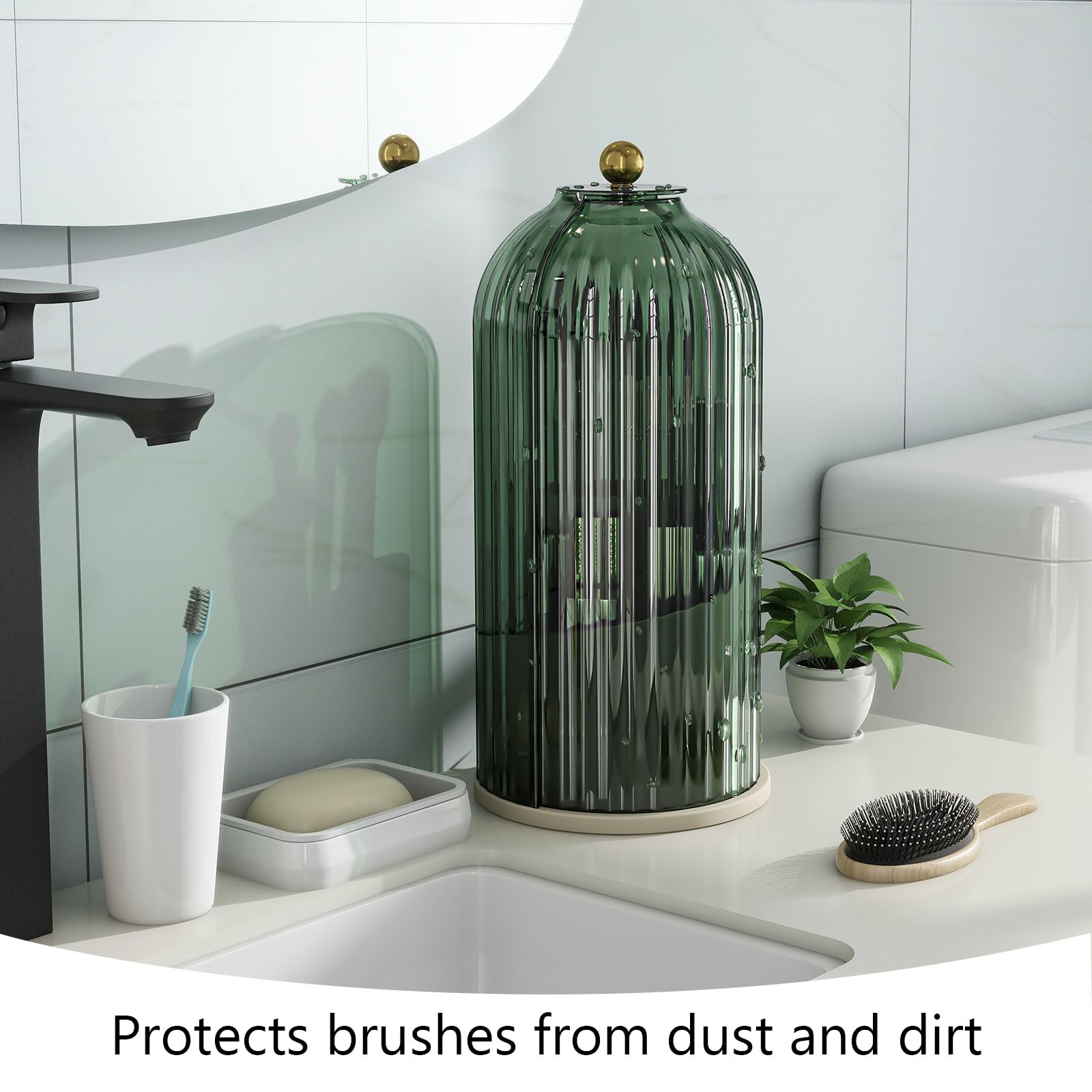 360° Rotating Makeup Brush Holder with Dustproof Cover - Vanity & Bathroom Organizer for Brushes, Cosmetics | Perfect for Home, Salon & Travel Use (Green)