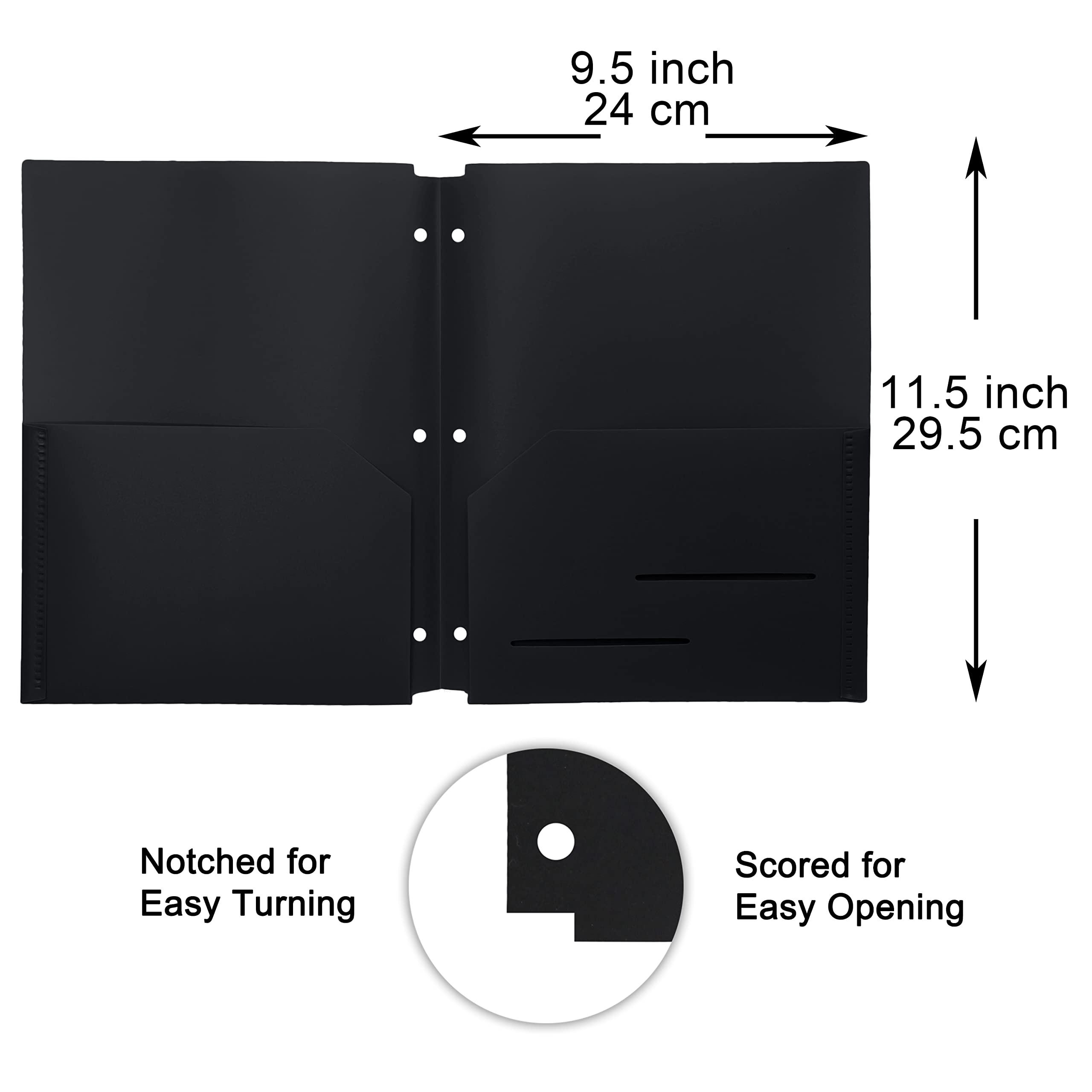 Youngever 6 Pack Heavy Duty Plastic 2-Pocket Folders with 3-Hole Punch - Black Binder Dividers with Notches for School, Office & Organization - Perfect for Class Notes, Work Documents & File Storage
