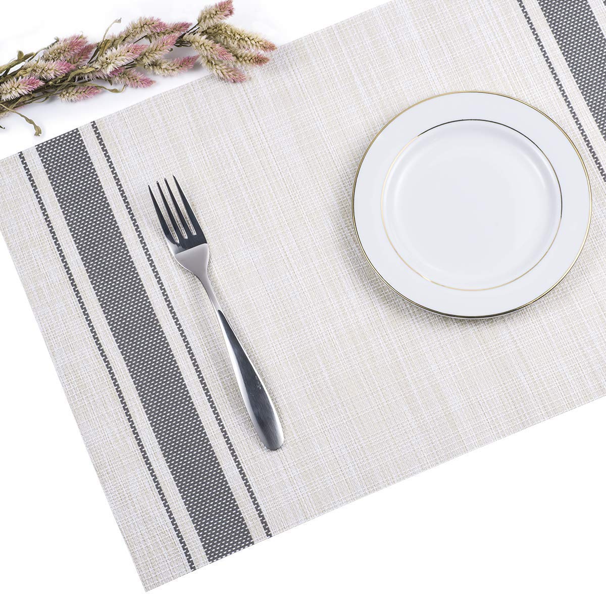 Premium Non-Slip PVC Woven Vinyl Placemats Set of 4 - Waterproof & Heat-Resistant Kitchen Table Mats for Dining, Parties & Home Decor (Grey)