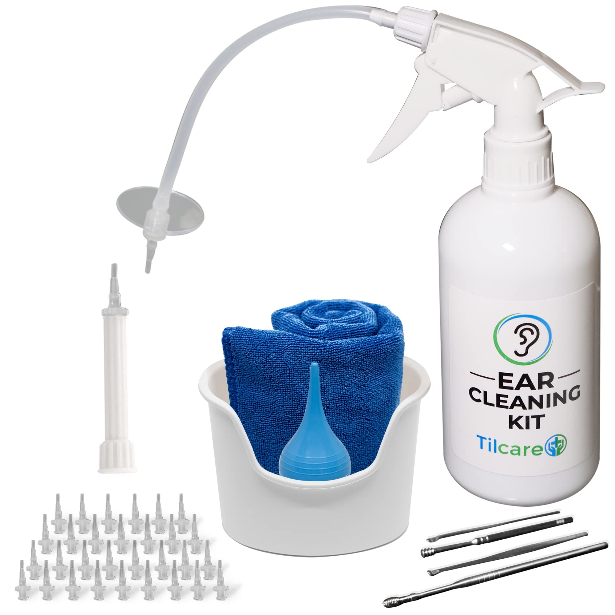 Tilcare Ear Wax Removal Kit - Safe Ear Irrigation System for Adults & Kids - Complete Ear Cleaning Set with Basin, Syringe, Curette, Towel & 30 Disposable Tips - Ideal for Home Ear Hygiene & Wax Buildup Relief