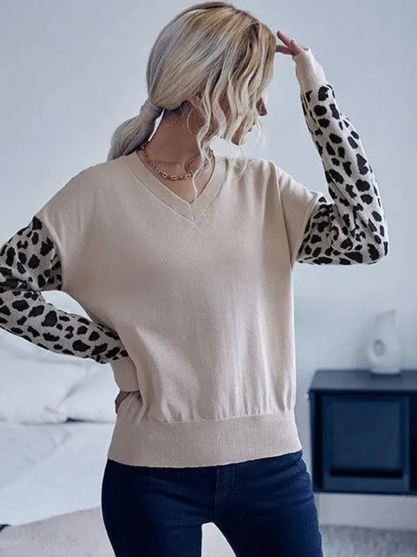 Women's V-Neck Knitted Sweater Top with Wild Print Sleeves - Soft Casual Pullover for Fall & Winter | Perfect for Office, Date Night & Weekend Outfits