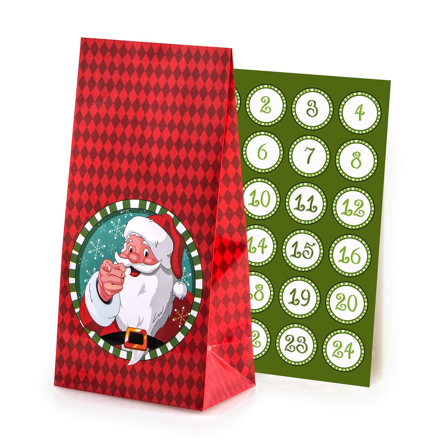 24-Piece Santa Claus Advent Calendar Gift Bags Set with Number Stickers - Fillable Christmas Countdown Bags for Holiday Party Favors, Classroom Rewards & Festive Gift Giving