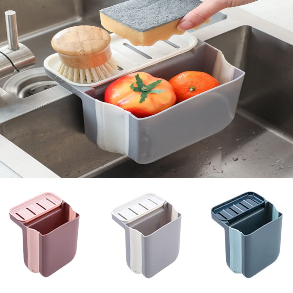 Foldable Hanging Kitchen Sponge Holder & Sink Strainer Drain Basket - Multifunctional Storage Organizer for Home Kitchen Sink (Pink) | Perfect for Dishwashing, Vegetable Cleaning & Countertop Organization