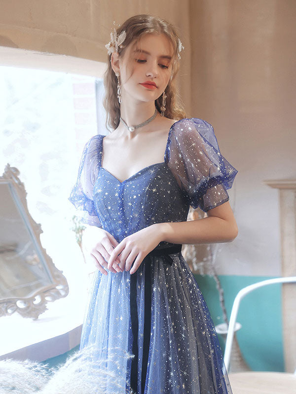 Starry Blue A-Line Tulle Prom Dress for Women - Elegant Long Formal Graduation Gown - Perfect for Homecoming, Ball, and Evening Events