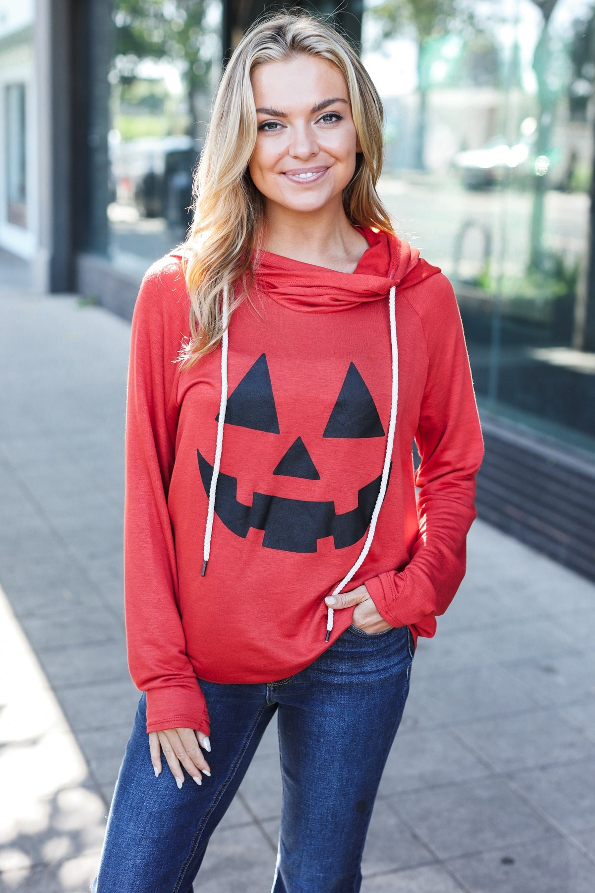 Orange Jack O'Lantern French Terry Thumb Hole Double Hoodie - Halloween Pumpkin Pullover Sweatshirt for Fall & Winter Cozy Outfits