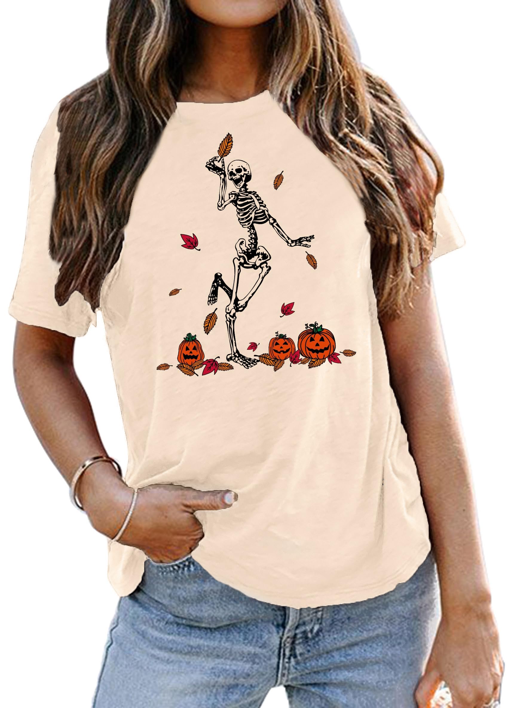 Women's Happy Halloween Dancing Skeleton T-Shirt - Fall Skull Graphic Tee Top Blouse Gift for Parties & Costume Events