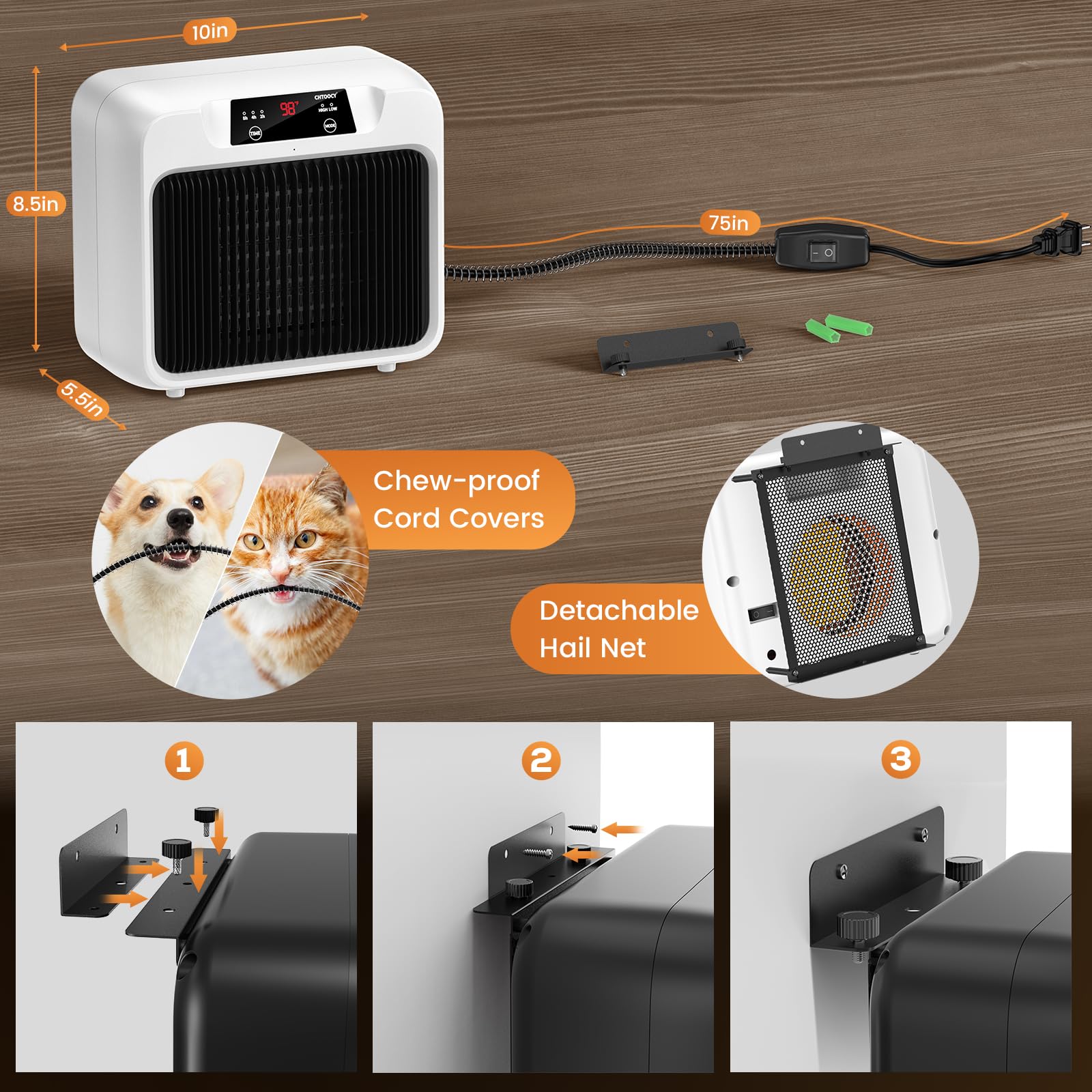 600W Dog House Heater with Timer (2/4/8 Hours) - Dual Mode 300W/600W Pet Heater for Outdoor Winter Use - Safe Electric Heater for Dog Kennels, Cat Cages & Livestock Coops - Perfect for Cold Weather Pet Protection & Indoor/Outdoor Animal Warmth