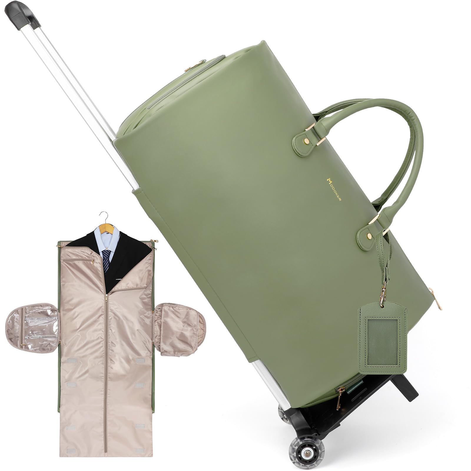 Modoker Rolling Garment Bag with Wheels - PU Leather Convertible Travel Duffel Bag for Women, Trolley Suit Luggage Carry On (Green) - Perfect for Business Trips, Vacation & Airplane Travel
