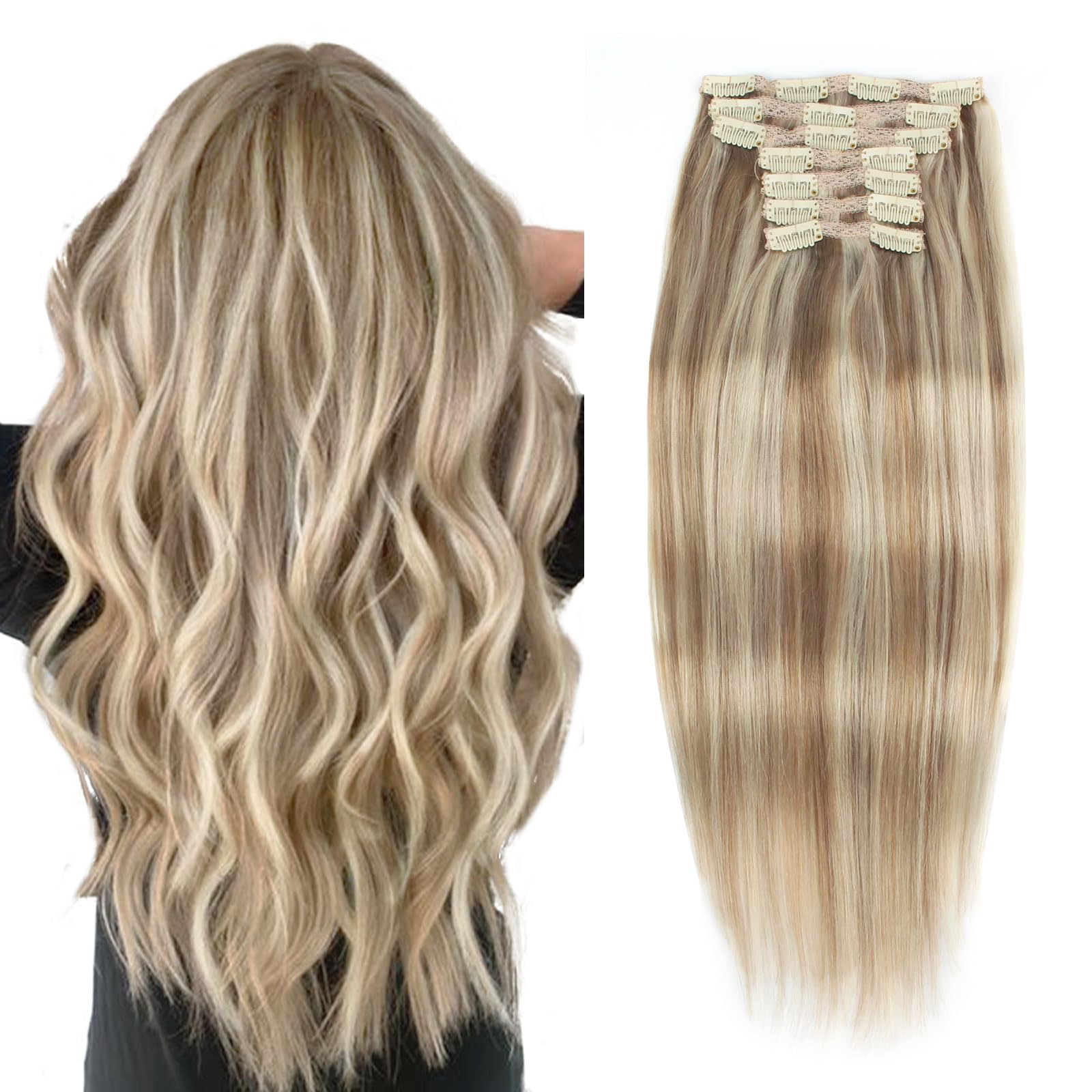 9A Grade Remy Human Hair Clip-In Extensions 22 Inch - Piano Ash Brown to Platinum Blonde Ombre, Double Weft 140g 7pcs 18 Clips | Natural Looking Hair Extensions for Volume & Length | Perfect for Daily Wear, Parties & Special Occasions