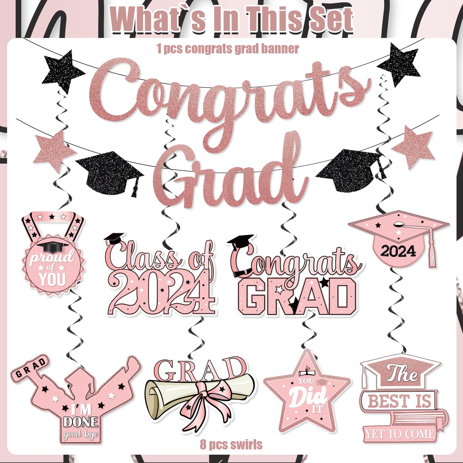 2024 Pink Graduation Party Decorations Set - 1 Large Congrats Grad Banner & 8 Hanging Swirls | Perfect for High School & College Graduation Celebrations, Graduation Ceremony Decor, and Graduation Photo Backdrops