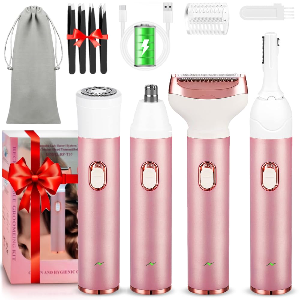 Electric Lady Shaver 4-in-1 Rechargeable Women's Shaving Kit - Bikini Trimmer, Facial Hair Remover, Eyebrow & Nose Trimmer - Wet & Dry Use with Easy Cleaning (Rose Gold) | Perfect for Travel, Gym & Daily Grooming Routine