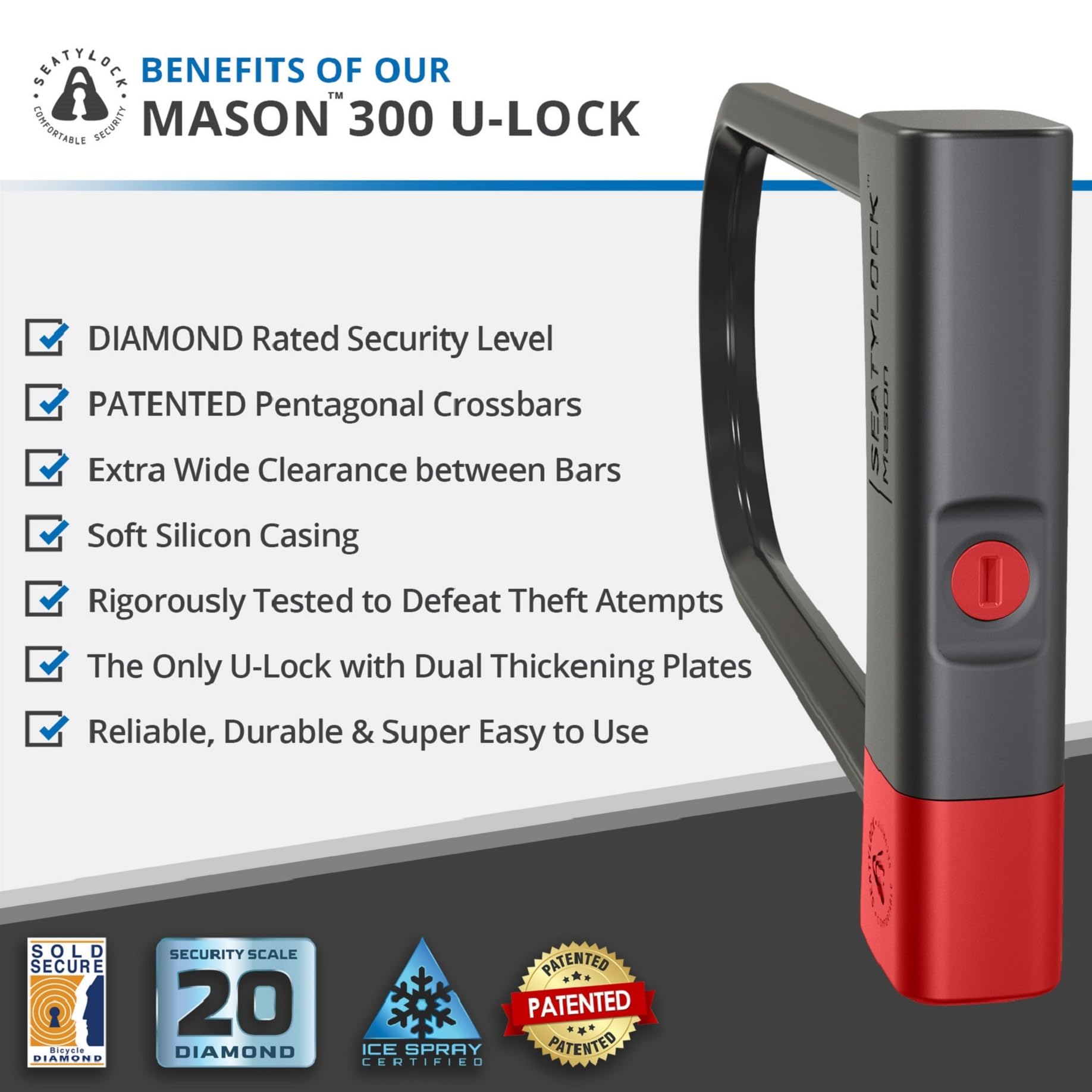Heavy Duty Seatylock Mason Bike U Lock - Patented Anti-Theft Diamond Security Bicycle Lock with Keys - 11.8 Inch Super Wide Safety U-Lock for Electric Bikes, Scooters & Motorcycles - Perfect for Urban Commuting, Campus Security & Outdoor Adventures