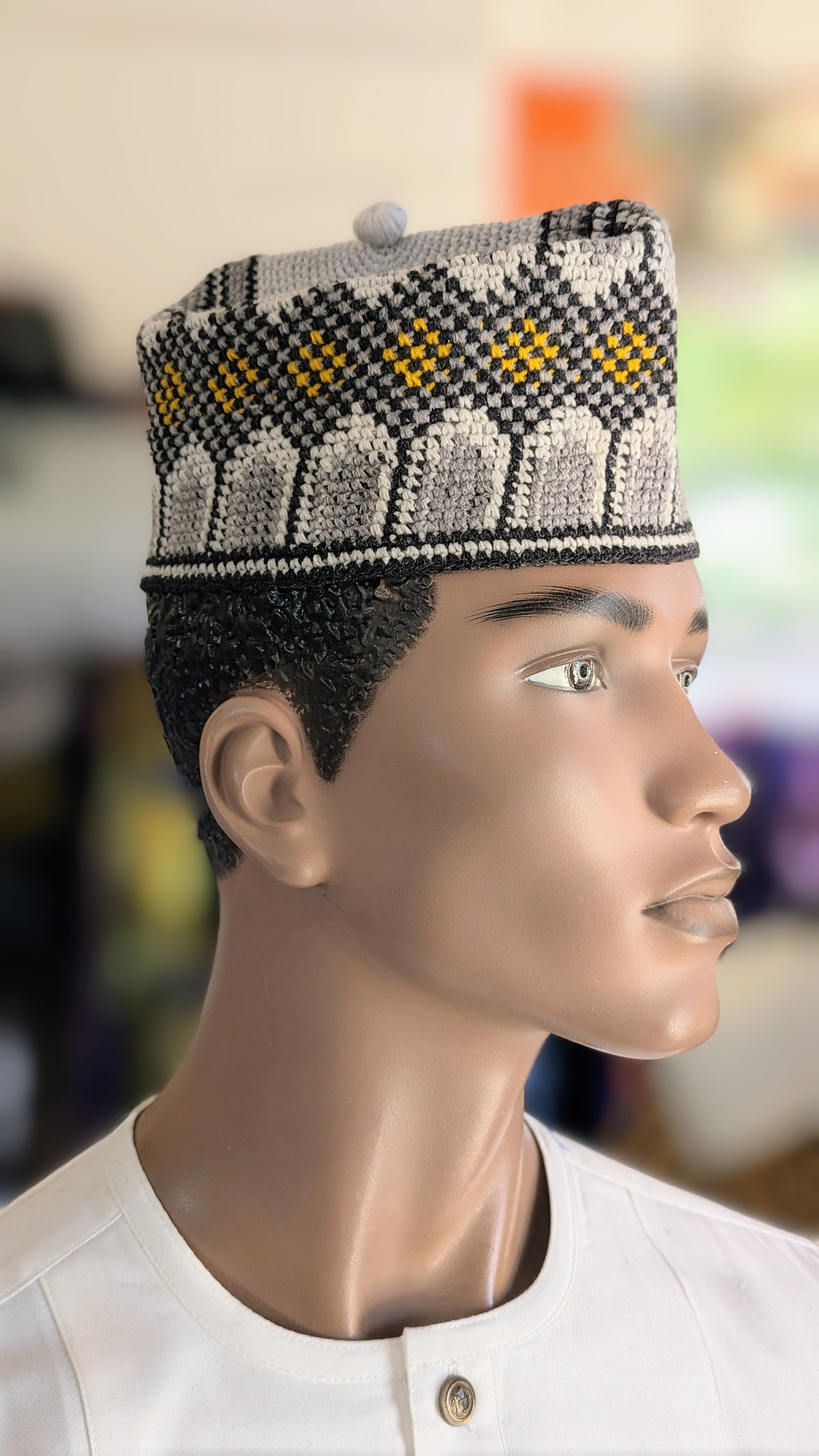 Handwoven African Mallam Gaskiya Kufi Cap - Off White, Grey & Gold - Traditional Muslim Hat for Men - Perfect for Eid, Weddings & Cultural Events