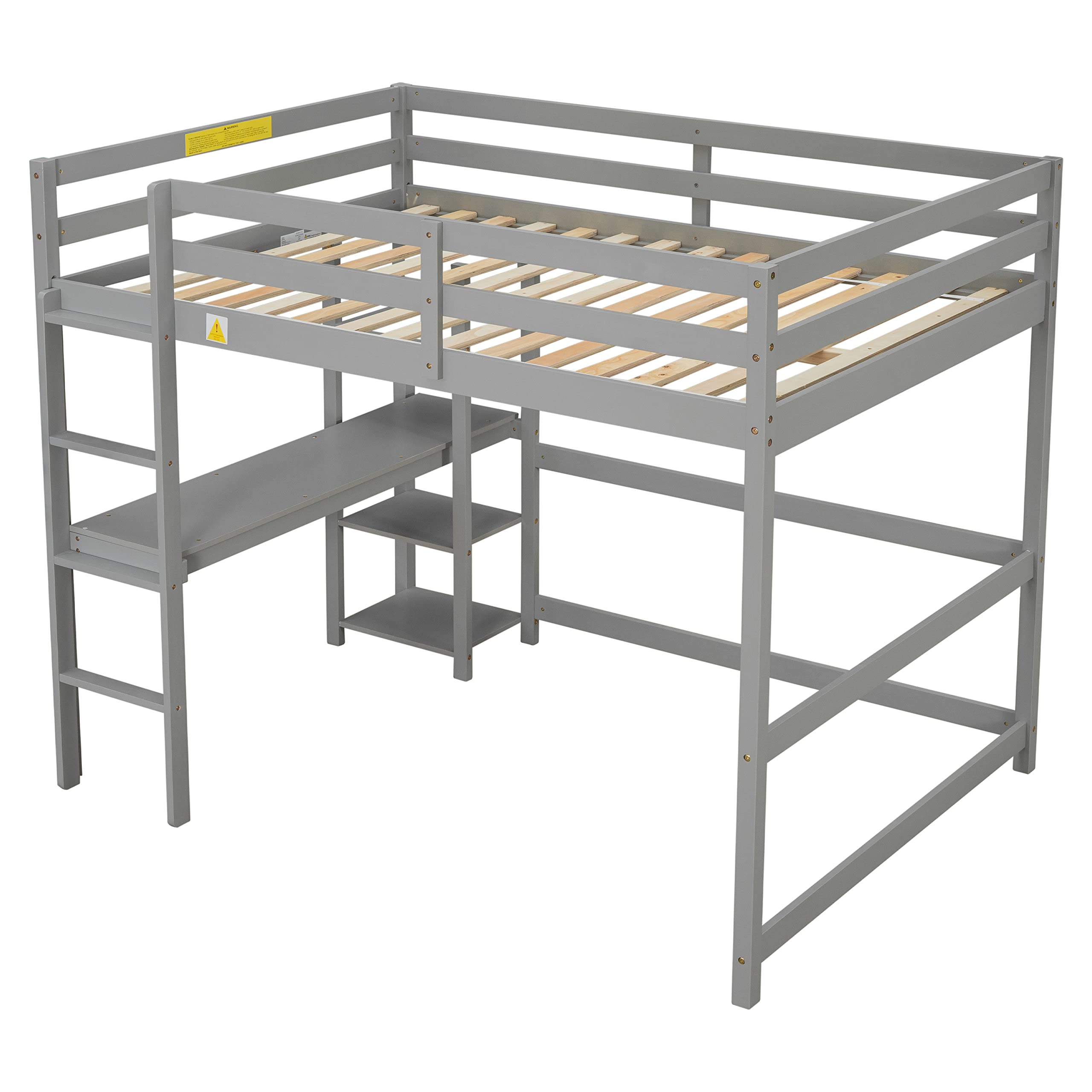 Aoowow Full Size Wood Loft Bed with Study Desk & Storage Shelves - Sturdy High Loft Bed Frame with Guardrail & Ladder for Kids & Teens - No Box Spring Needed (Gray) - Perfect for Small Bedrooms, Dorm Rooms & Space-Saving Kids' Rooms