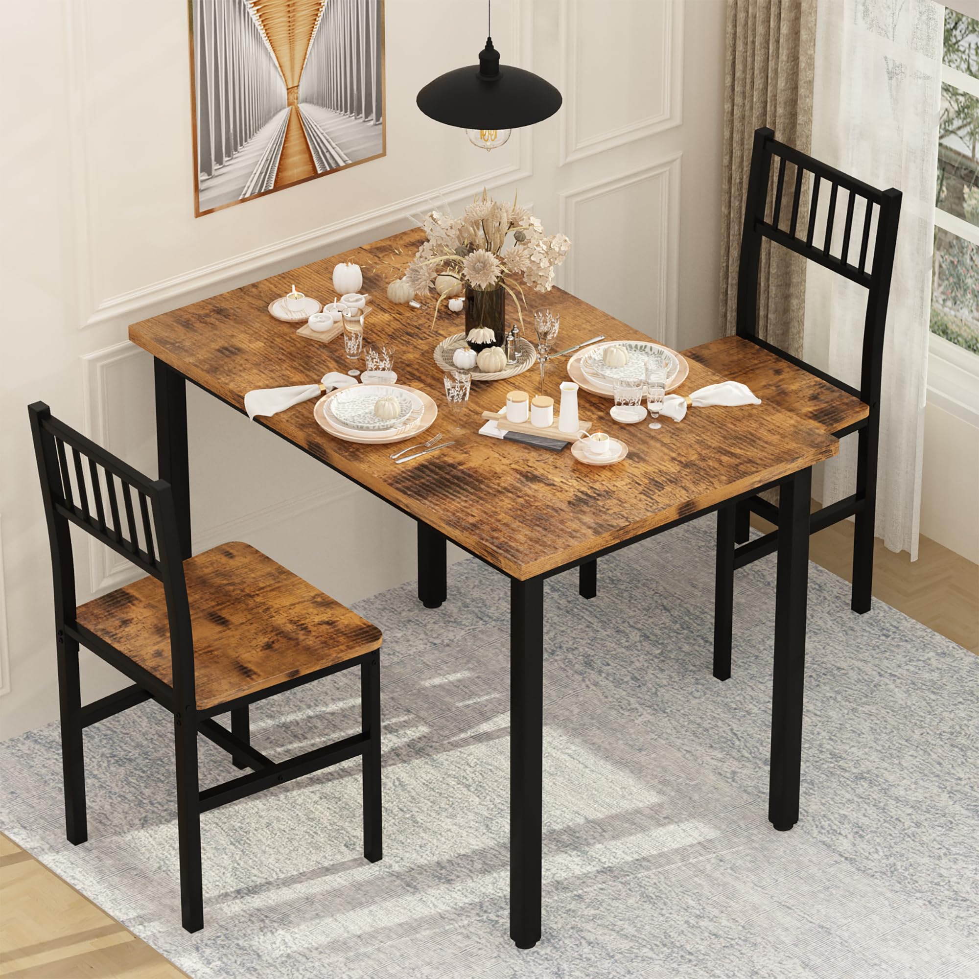 AWQM 3-Piece Industrial Dining Table Set with 2 Chairs - Compact Kitchen & Breakfast Table for Small Spaces - Perfect for Apartments, Living Rooms & Dining Areas (Brown) | Ideal for Morning Coffee, Family Meals & Small Space Entertaining