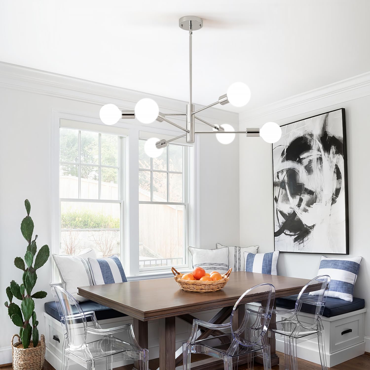 Modern Sputnik Chandelier Brushed Nickel 6-Light Adjustable Pendant Lighting - Mid Century Ceiling Fixture for Living Room, Bedroom, Kitchen, Dining Room & Foyer - Perfect for Home Decor, Dining Areas and Open Concept Spaces