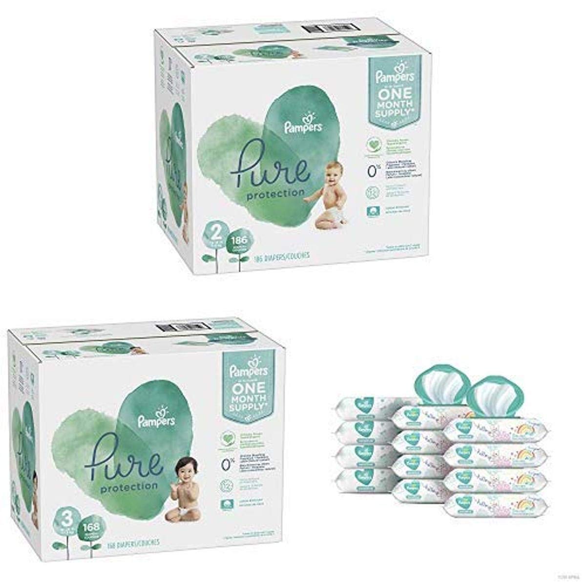 Pampers Pure Disposable Baby Diapers Bundle - Size 2 (186 Count) & Size 3 (168 Count) with Sensitive Water-Based Baby Wipes, 12 Pop-Top Refill Packs (864 Wipes) | Gentle for Newborns & Toddlers | Perfect for Daycare, Travel & Overnight Protection