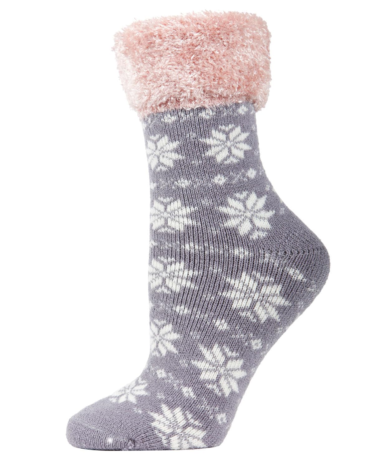 MeMoi Women's Snowflake Fair Isle Plush Cabin Socks - Cozy Winter Socks for Women, Soft Knit Slipper Socks with Non-Slip Grip - Perfect for Christmas, Home, Lounge & Cabin Wear