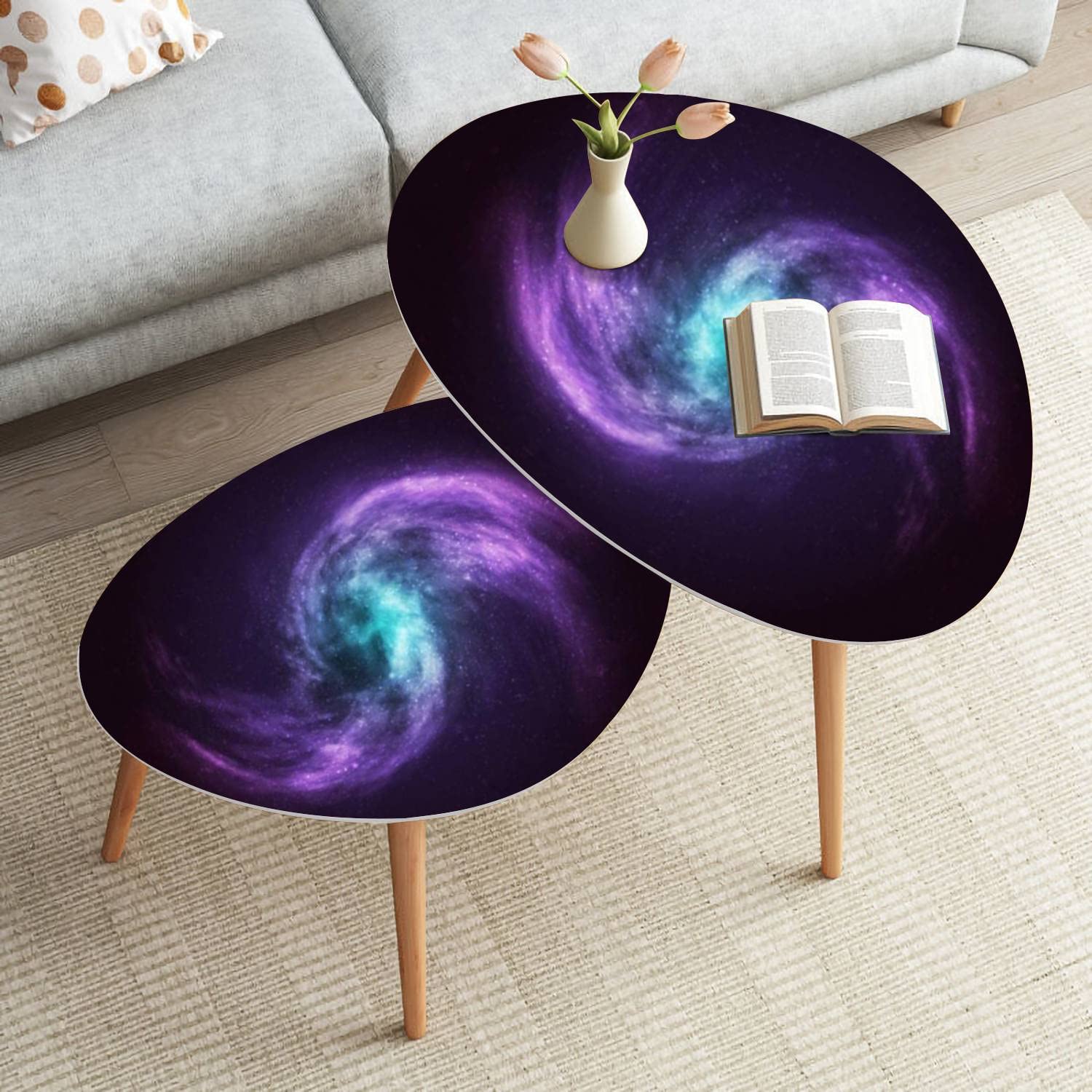 Modern Small Coffee Nesting Table Set of 2 - Minimalist Round & Oval Side Tables with Cosmic Galaxy Space Nebula Design - Perfect for Living Room, Bedroom or Office Decor