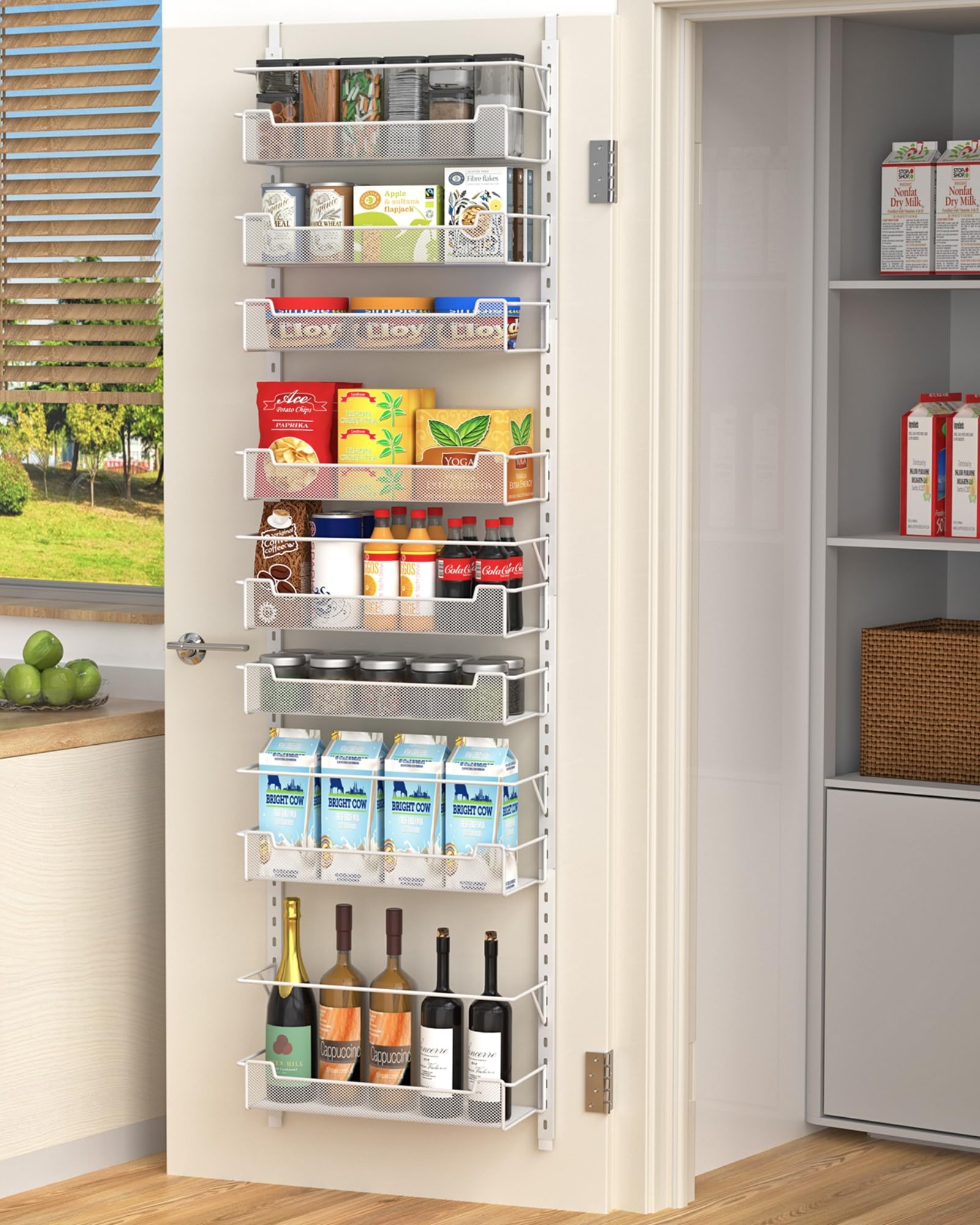 8-Tier Over the Door Pantry Organizer with Adjustable Baskets - White Space Saving Kitchen Storage for Spices, Snacks & Cleaning Supplies - Perfect for Pantry, Bedroom or Bathroom Organization