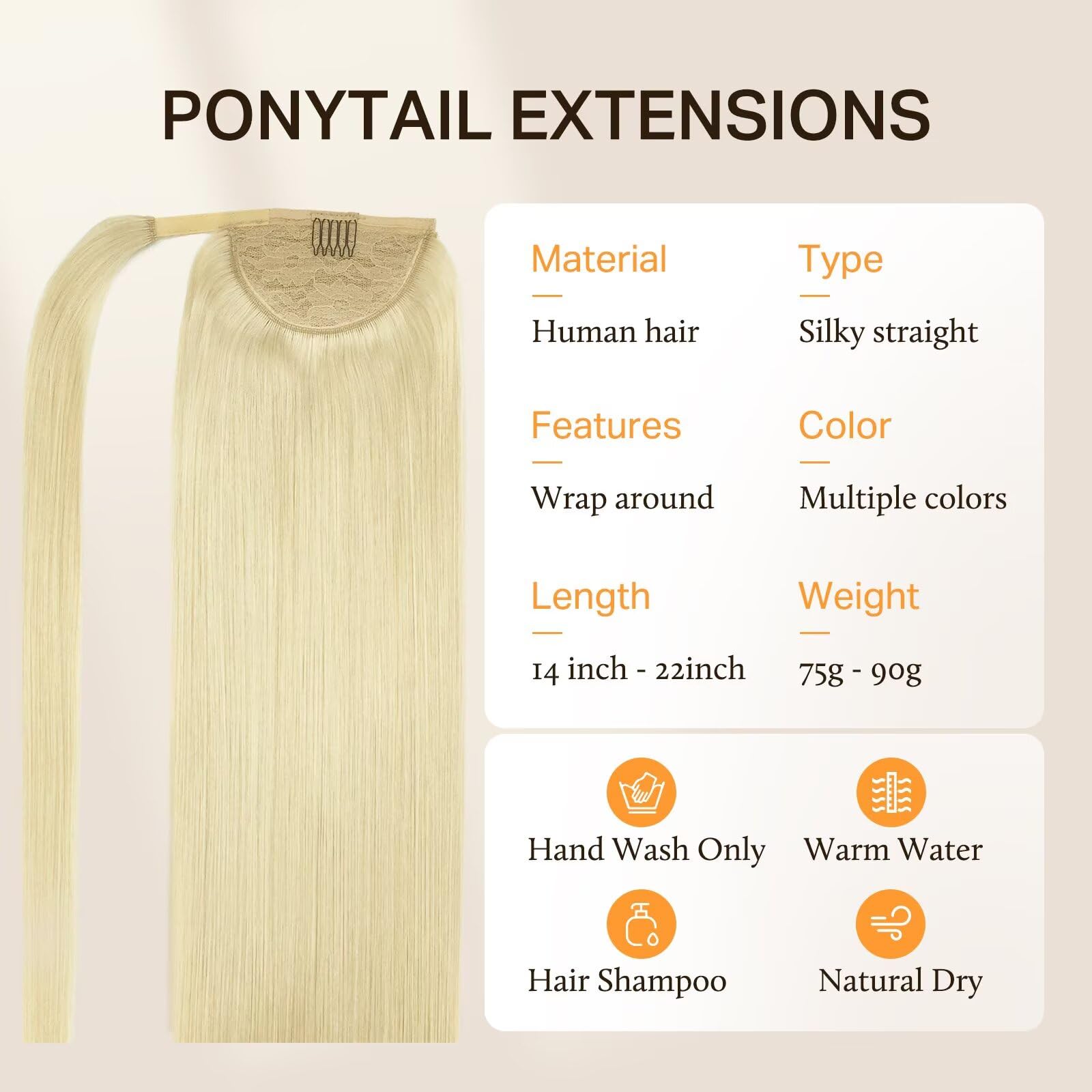 DOORES 16 Inch Clip in Human Hair Ponytail Extensions - Bleach Blonde 80g Real Hair Ponytail Wrap with Magic Paste for Silky Straight Hair - Perfect for Parties, Weddings & Daily Styling