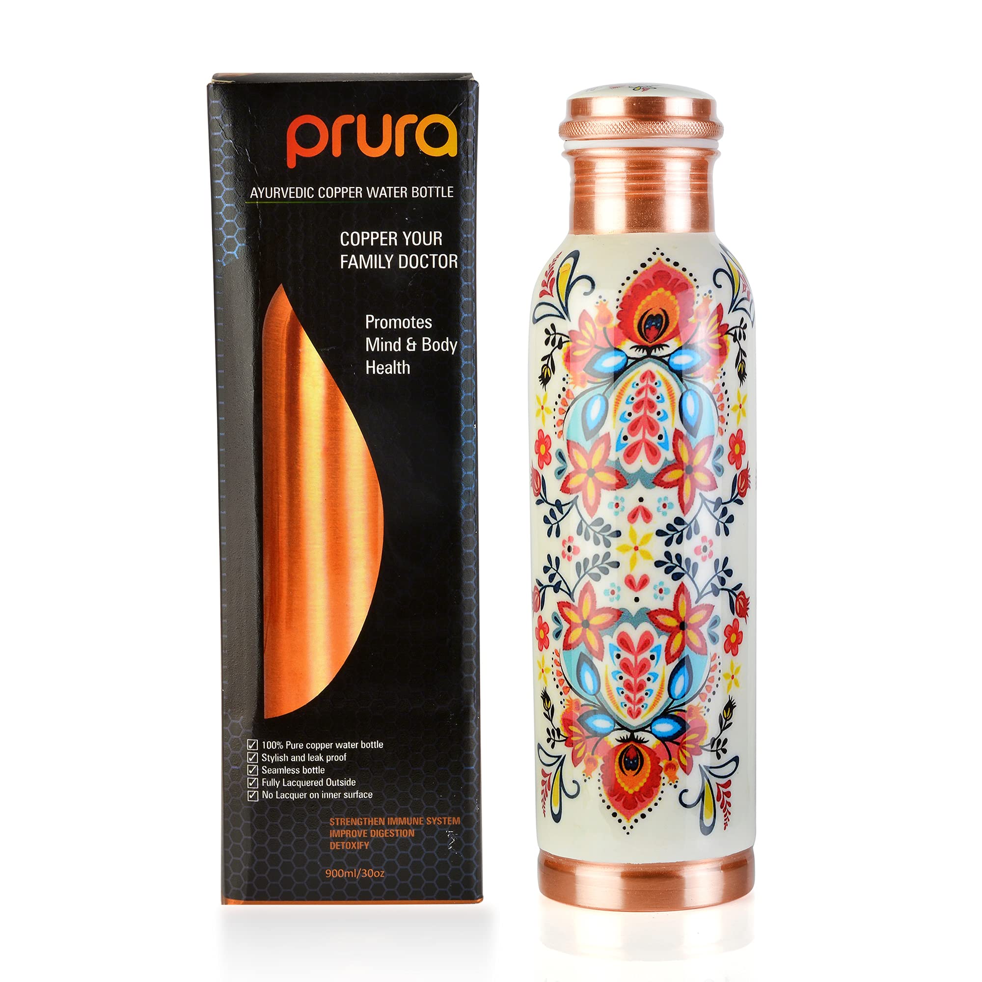 PRURA Pure Copper Water Bottle with Printed Design - 30oz Ayurvedic Leak Proof Copper Vessel for Hydration | Perfect for Gym, Yoga, Sports & Outdoor Activities | Supports Detox & Health Benefits | Ideal for Daily Use, Travel & Workouts