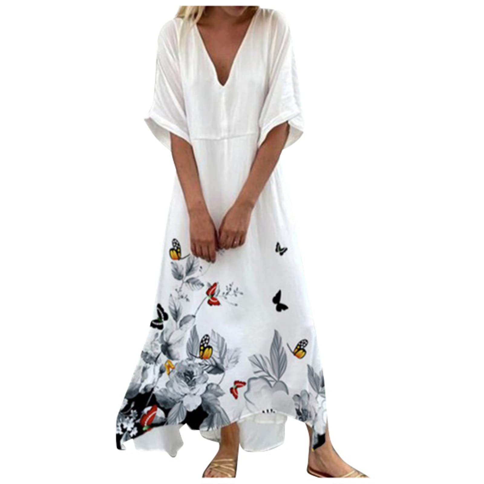 Porsha Williams Favorites Women's Summer Floral Print Beach Dress - V Neck Short Sleeve Casual Kaftan Dress (Size S, Gray) | Perfect for Vacation, Pool Party & Boho Chic Outfits