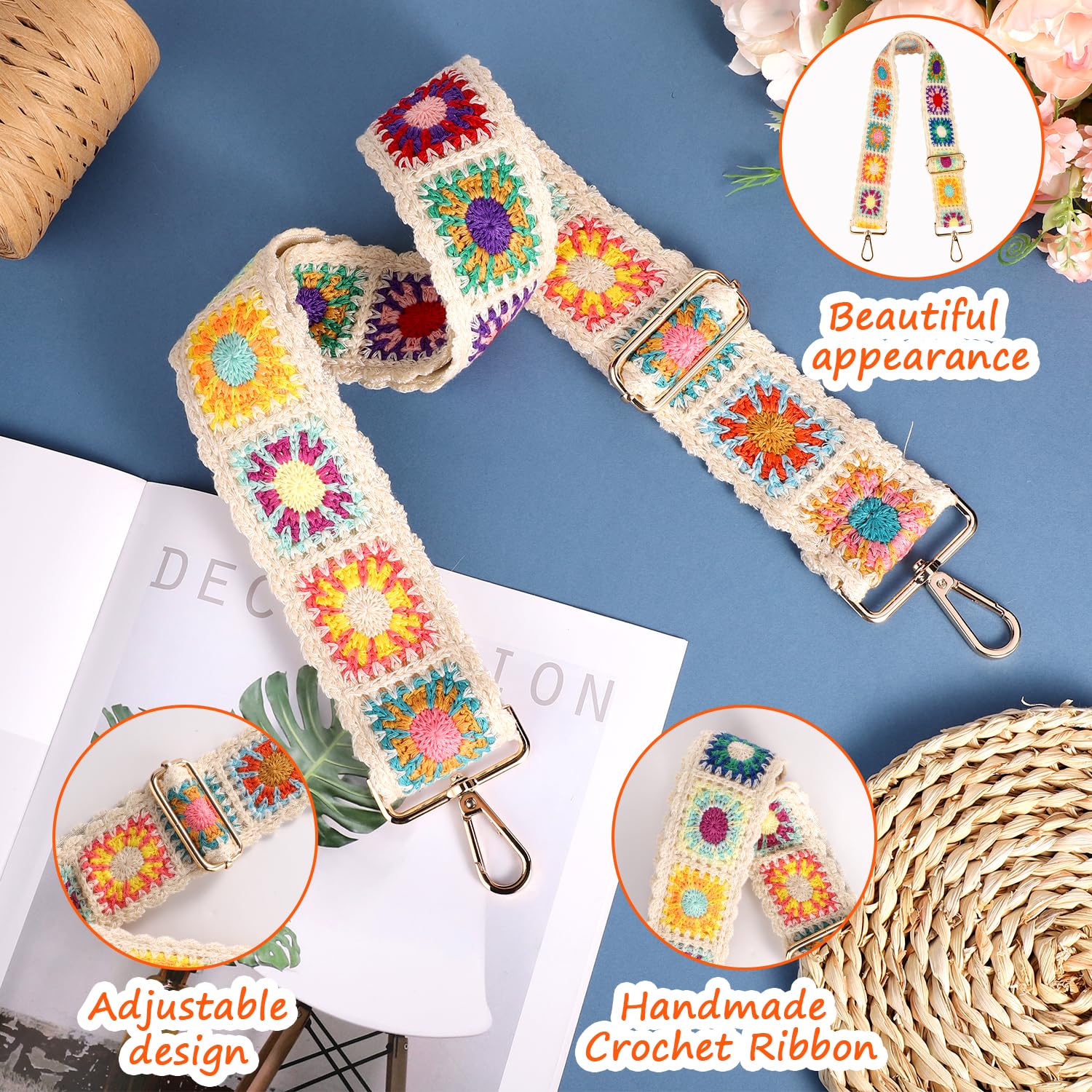 LUTER Adjustable Crochet Flower Purse Strap - 2 Inch Wide Handbag Replacement Strap for Crossbody Bags, Guitar & Fashion Accessories (Colorful) - Perfect for Boho Style, Music Festivals & Everyday Use