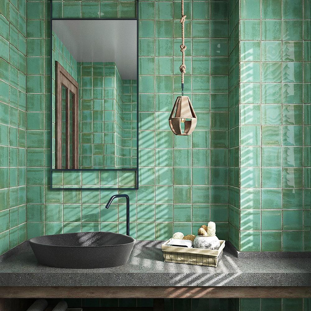 Premium Havana Teal 150x150mm Handmade Zellige Gloss Ceramic Tile - Perfect for Kitchen Backsplash, Bathroom Walls & Mediterranean Style Home Decor