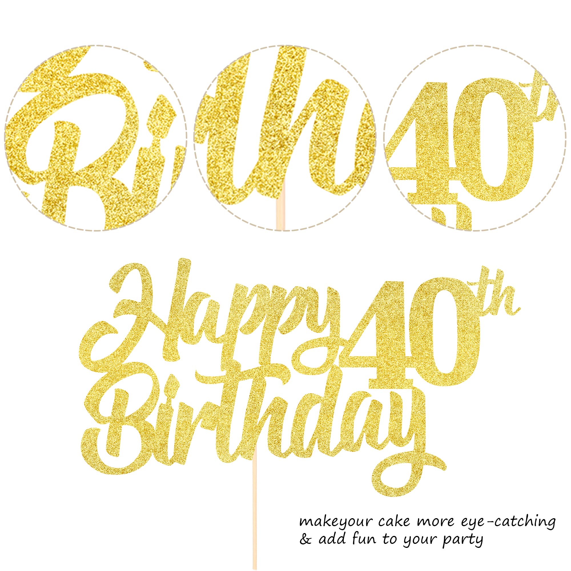 1 Pack Gold Happy 40th Birthday Cake Topper - Glitter 40th Birthday Cake Picks - Cheers to 40 Years Old - Forty Fabulous Cake Decorations for 40th Birthday Party Supplies - Perfect for Anniversary Celebrations & Milestone Birthday Parties