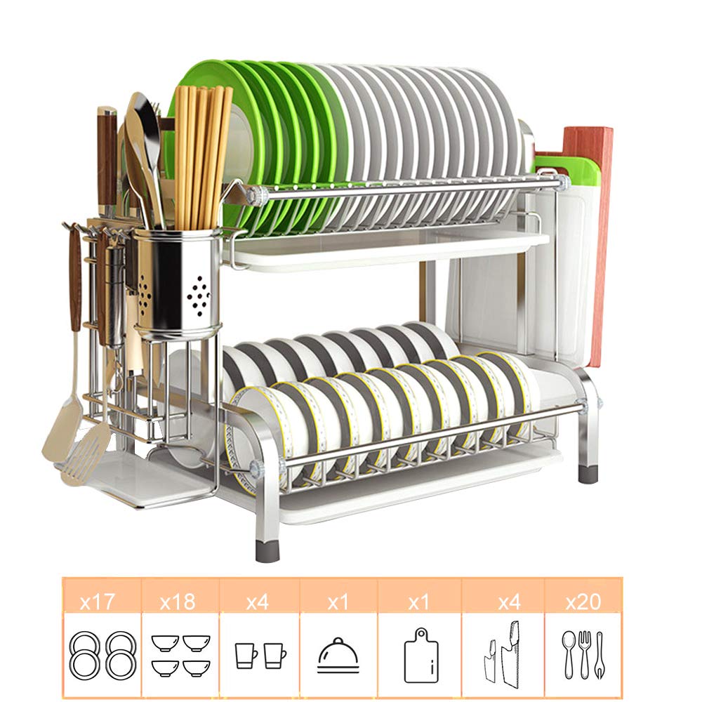 Burninger Stainless Steel Dish Drying Rack with Drain Board - Kitchen Countertop Organizer with Utensil Holder & Cutting Board Storage - Perfect for Small Spaces, Apartment Kitchens & Dish Drying Organization (Silver)