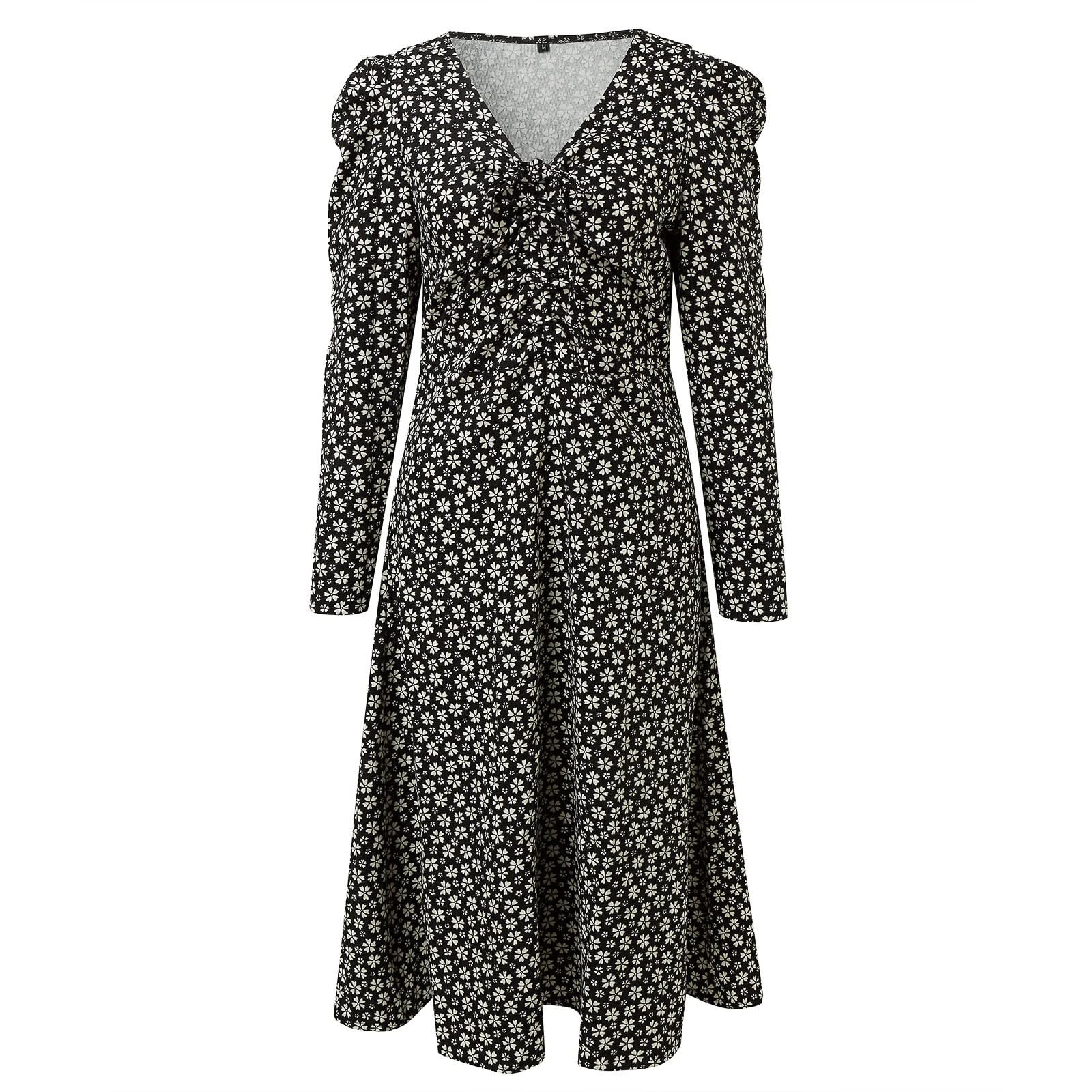 Elegant Floral V-Neck Women's Dress with Waist Drawstring for Autumn Winter | Formal Dinner Party & Office Wear