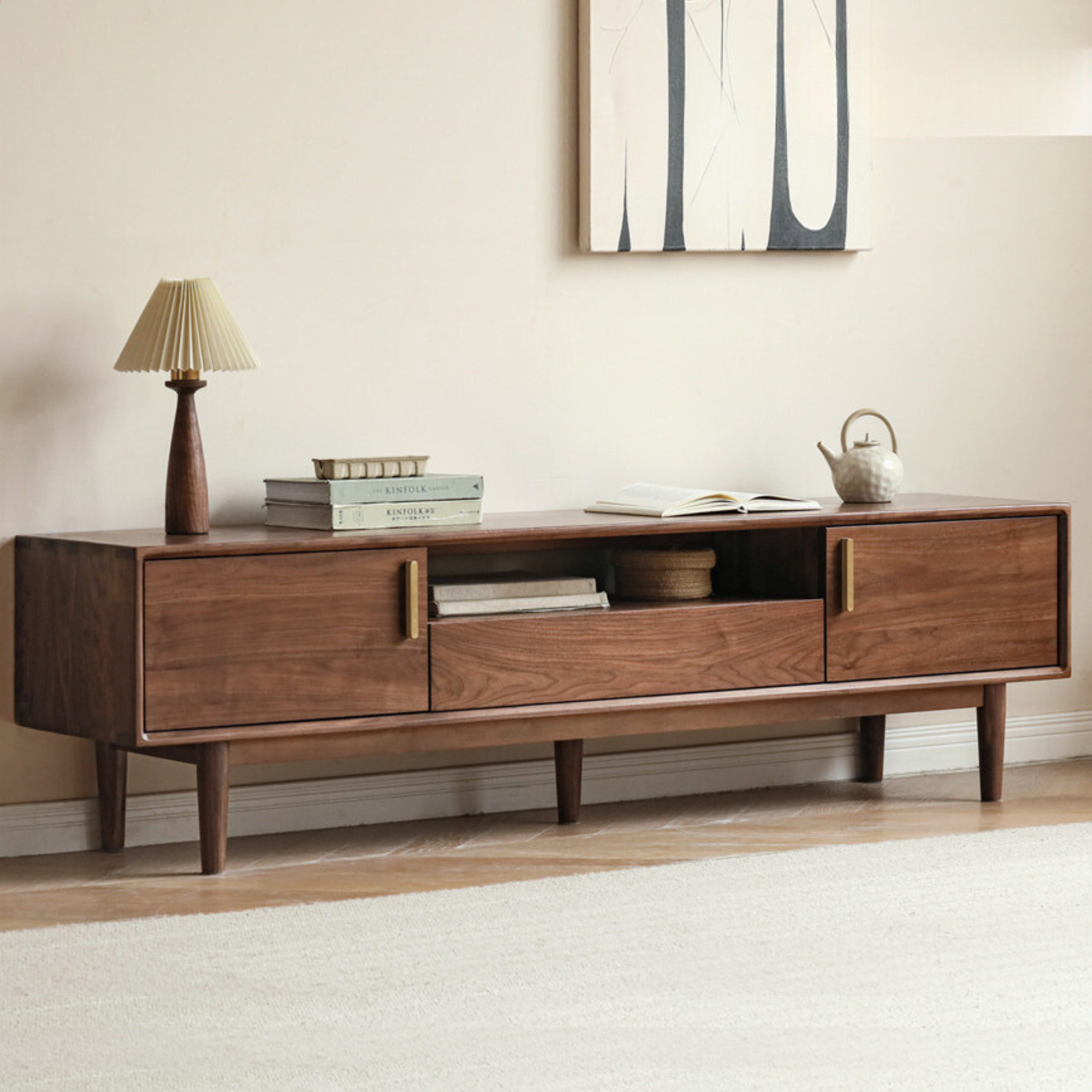 Premium Black Walnut Solid Wood TV Stand Cabinet with Storage - Modern Entertainment Center for Living Room, Home Theater & Media Organization