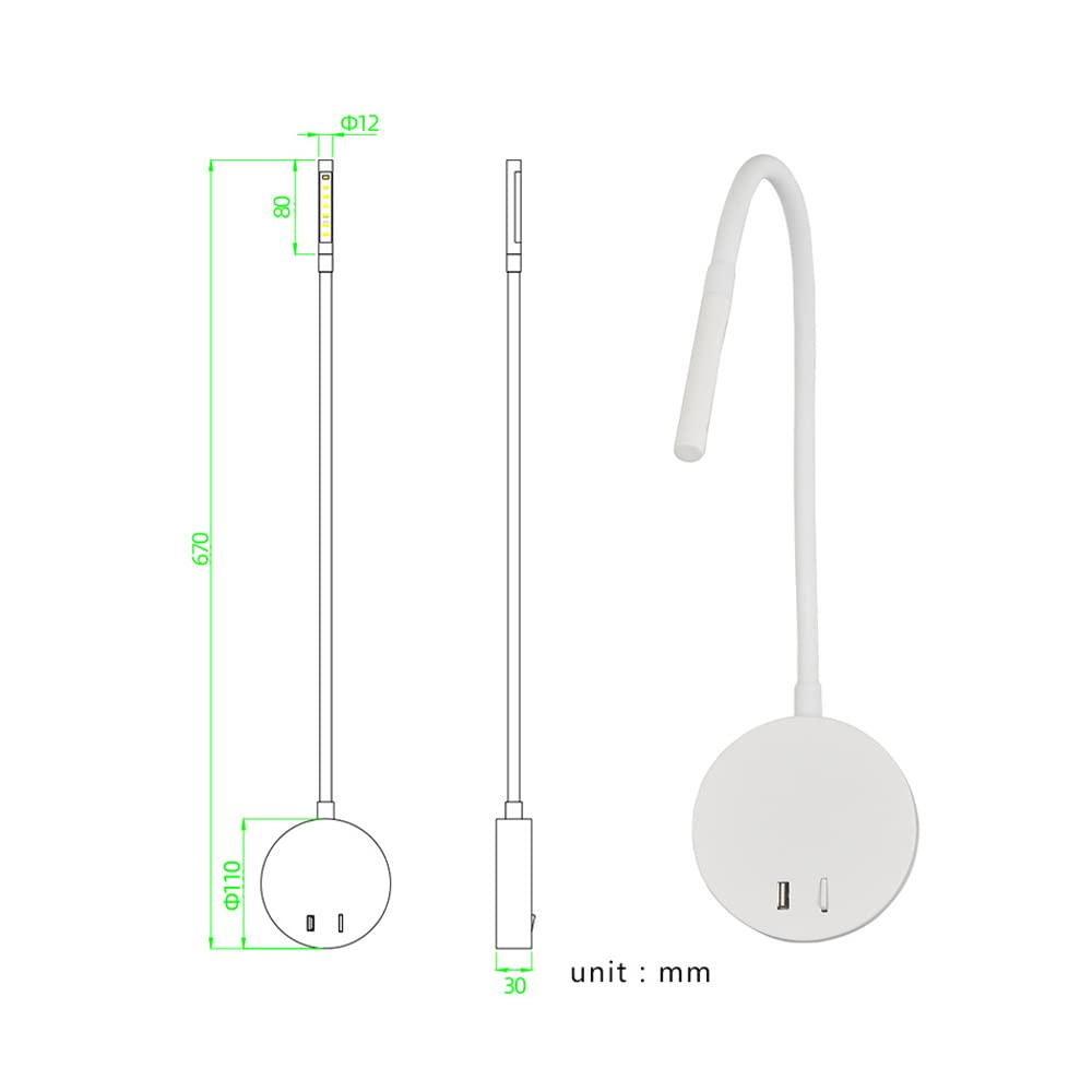 360° Adjustable Wall Reading Light with USB Charging Port - 3W LED Gooseneck Bedside Lamp, 3000K Warm White Night Light for Bedroom, Study, Hallway & Hotel - Perfect for Late-Night Reading & Cozy Ambiance