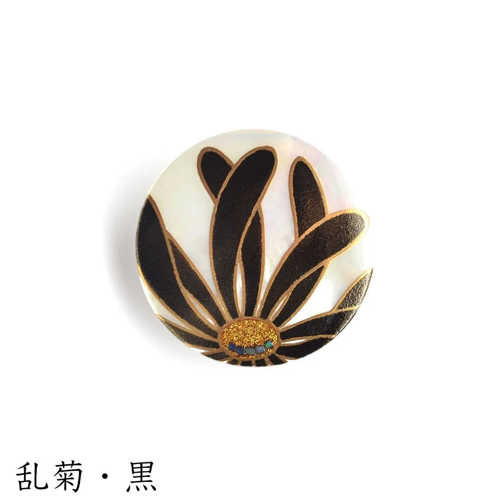 Handcrafted Japanese Maki-e Urushi Lacquer Brooch with White South Sea Pearl Shell & Chrysanthemum Design - Traditional Black Lacquer Jewelry for Women | Perfect for Formal Occasions, Weddings & Cultural Events