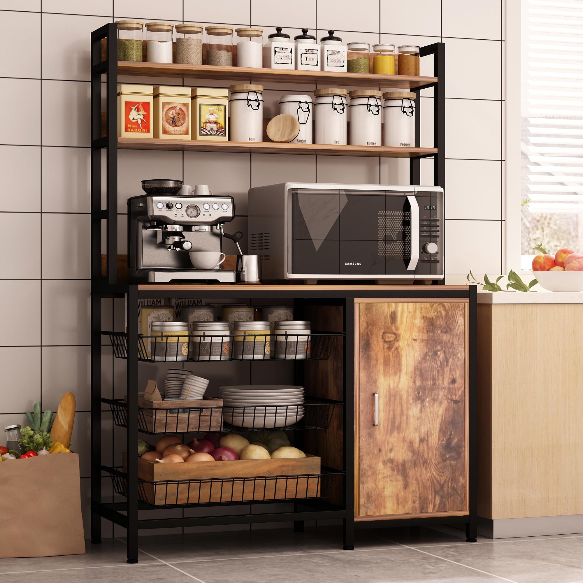 Industrial Kitchen Bakers Rack with Baskets & Door, Microwave Oven Stand, Utility Storage Shelf, Free Standing Organizer with Hooks - Perfect for Small Kitchens, Pantries, and Home Storage Solutions