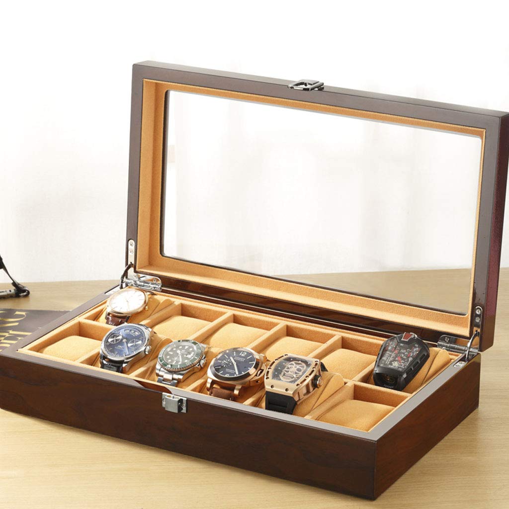 12-Slot Wooden Watch Box with Glass Top - Velvet Lined Jewelry & Watch Storage Case with Lock & Cushions - Perfect Gift for Watch Collectors & Jewelry Organization at Home or Office