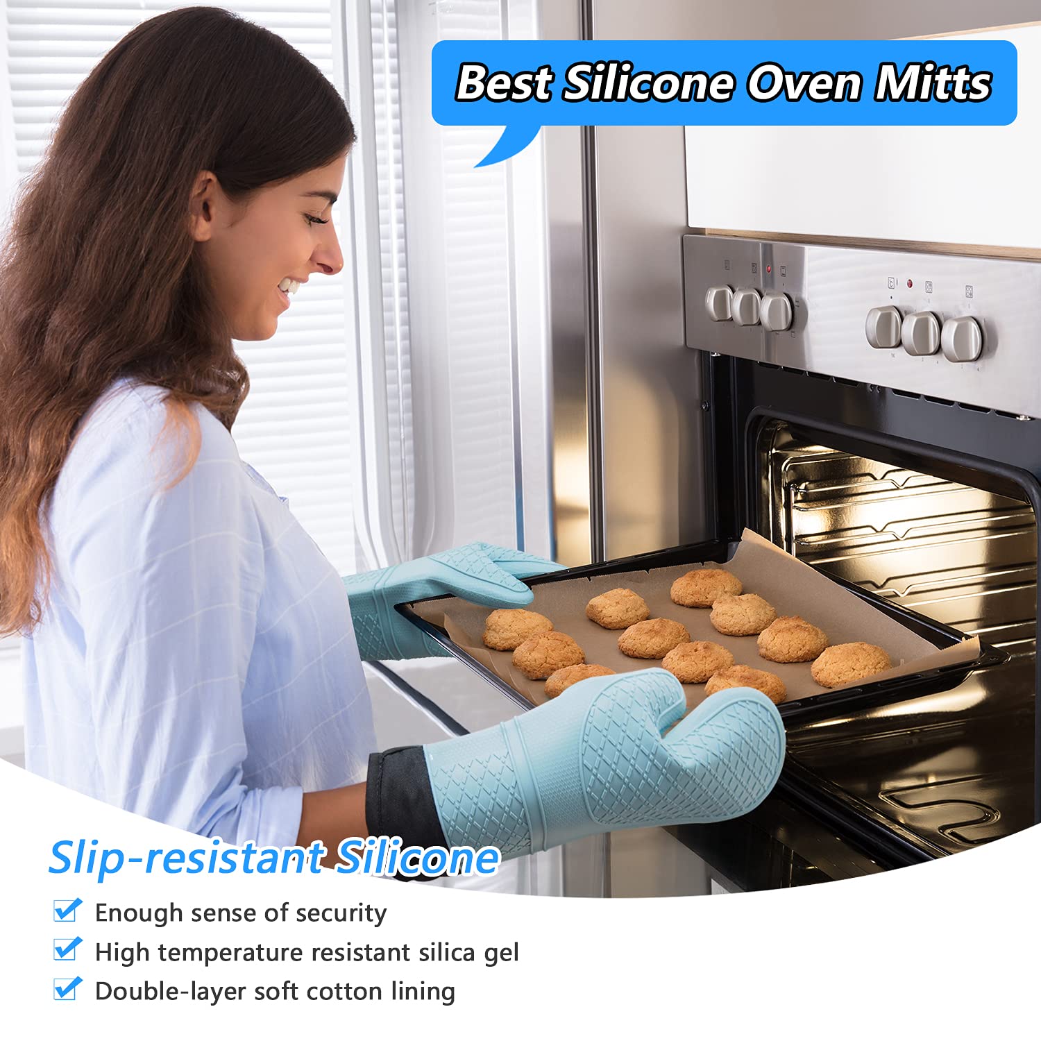 Heat Resistant Silicone Oven Gloves for Cooking, Baking, BBQ & Grilling - Waterproof & Non-Slip Kitchen Mitts for Microwave, Stovetop & Food Handling - Perfect for Hot Pans, Baking Sheets & Outdoor Grilling