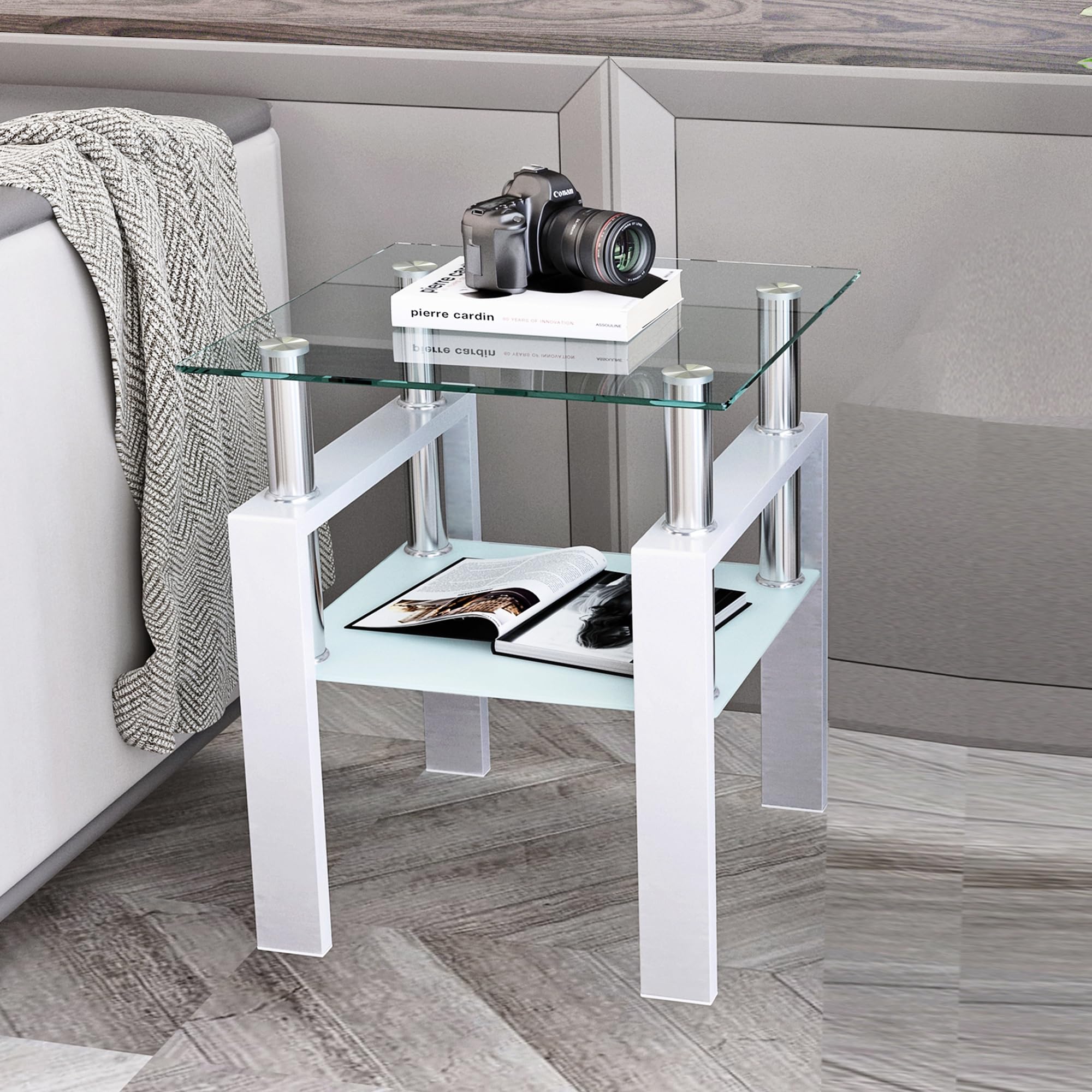 Modern 3-Piece Glass Coffee Table Set with Storage - Black Metal Leg Rectangle Tempered Center & Side Tables for Living Room - White Home Furniture (Perfect for Small Spaces, Apartments & Contemporary Decor)