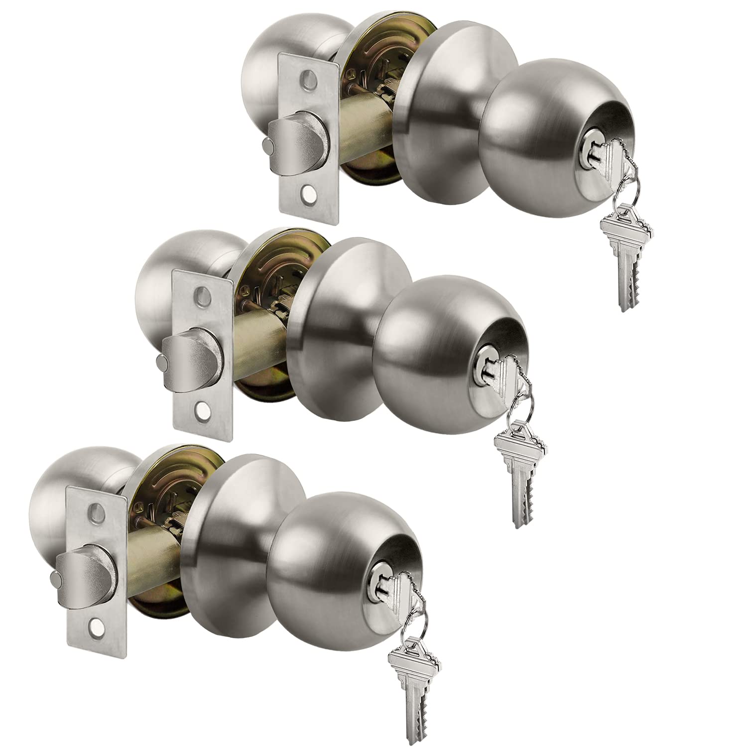 3 Pack BESTTEN Keyed Alike Entry Door Knob Set - Exterior & Interior Ball Knobs with Lock & Key - Durable All Metal Construction in Satin Nickel Finish - Perfect for Homes, Offices & Apartments