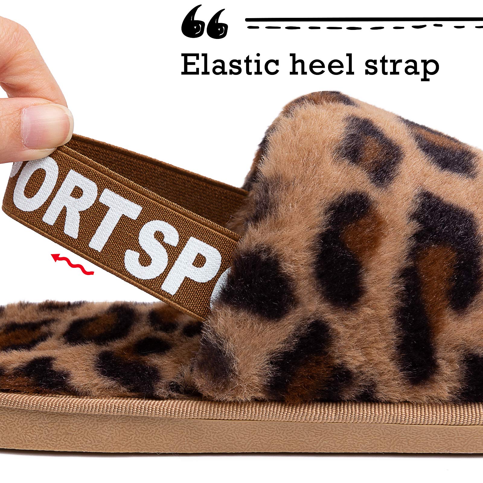 Women's Leopard Print Fuzzy Slippers - Soft Plush Open-Toe Faux Fur House Slides - Cozy Indoor Spa & Bedroom Sandals with Elastic Strap - Perfect for Relaxing at Home, Lounging & Self-Care Moments