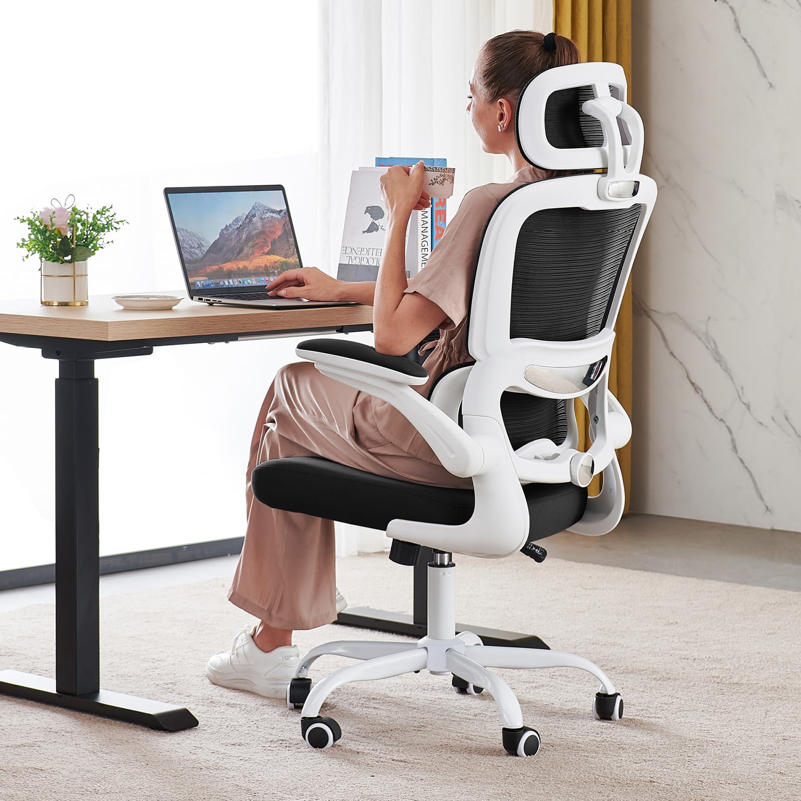 Ergonomic Office Chair with Wheels - 330 LBS Capacity Mesh Desk Chair for Home & Gaming - High Back Support for Long Hours - Black & White - Perfect for Home Office, Gaming Setup & Workspaces